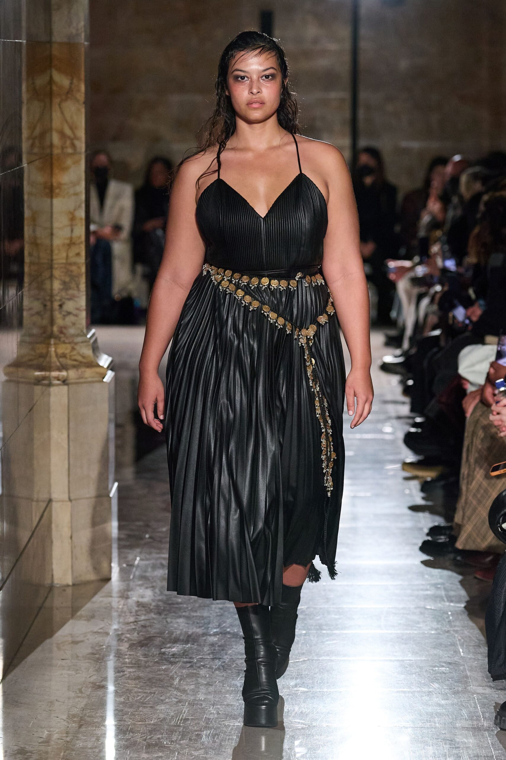 black pleated sleeveless dress