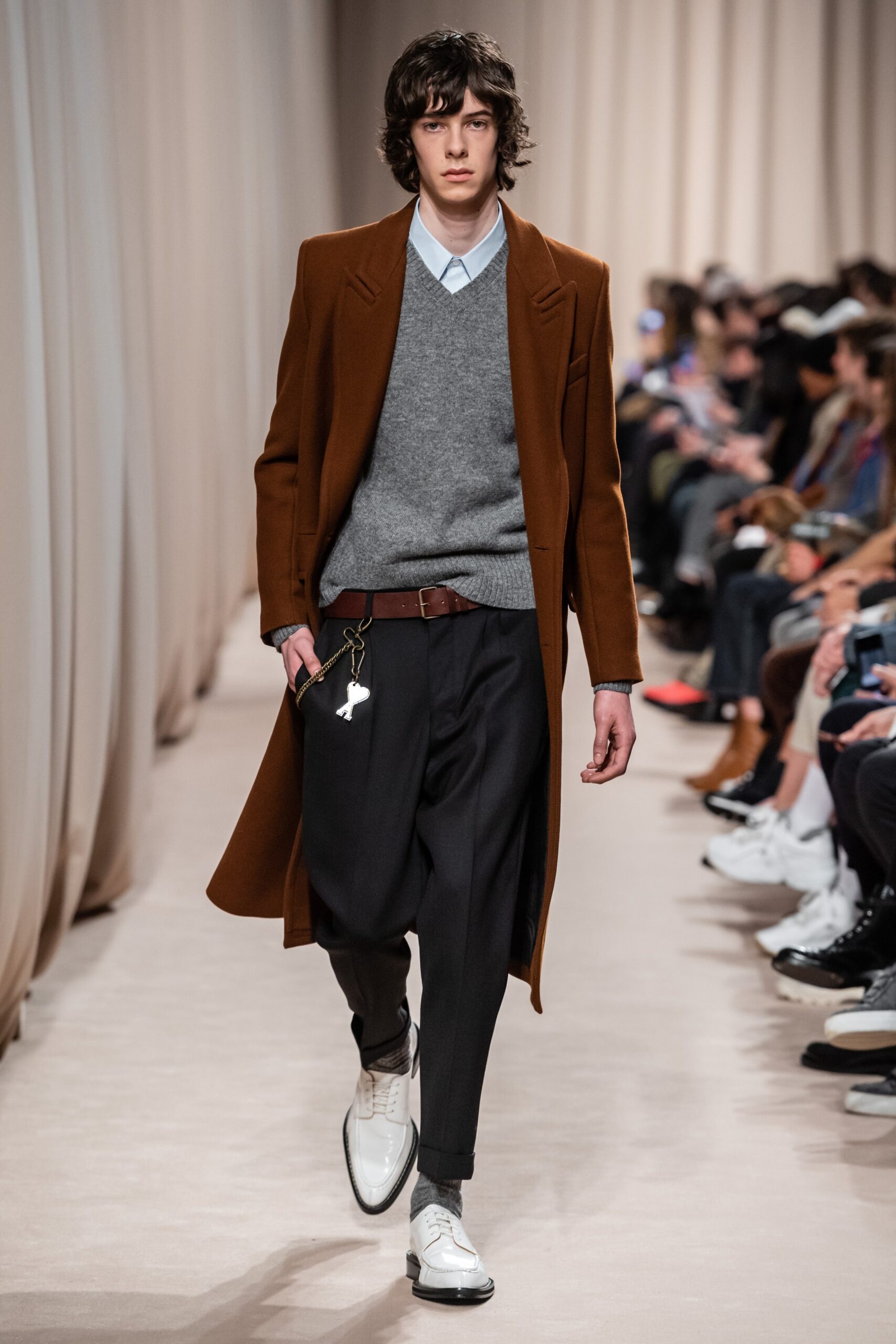 brown wool coat with gray sweater