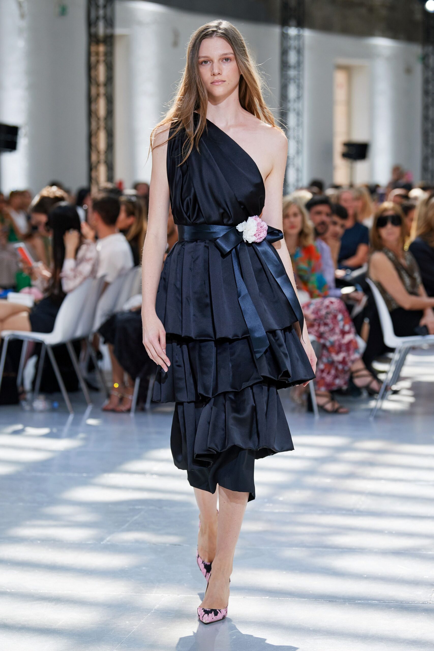 black silk asymmetric tiered dress