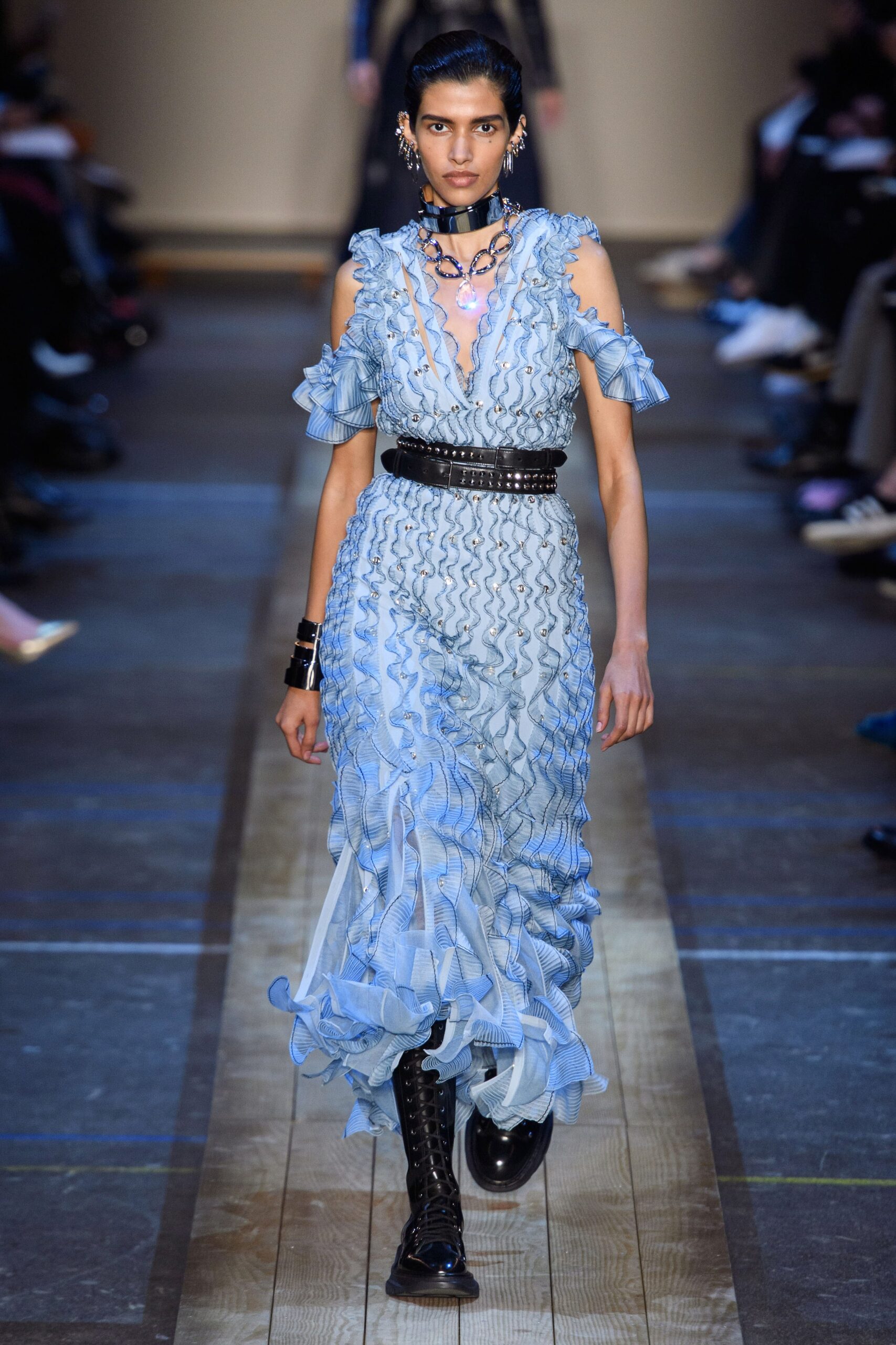 blue ruffled midi dress