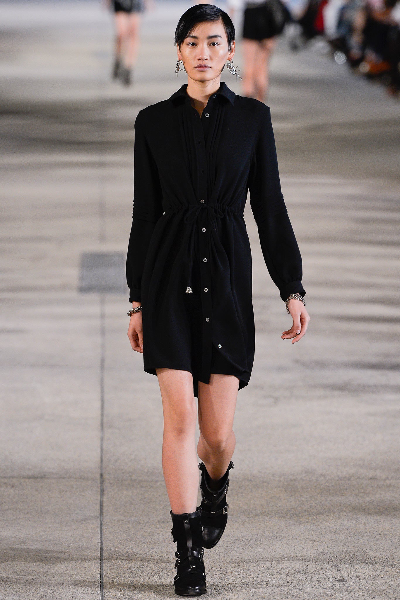 black fitted shirt-dress with boots
