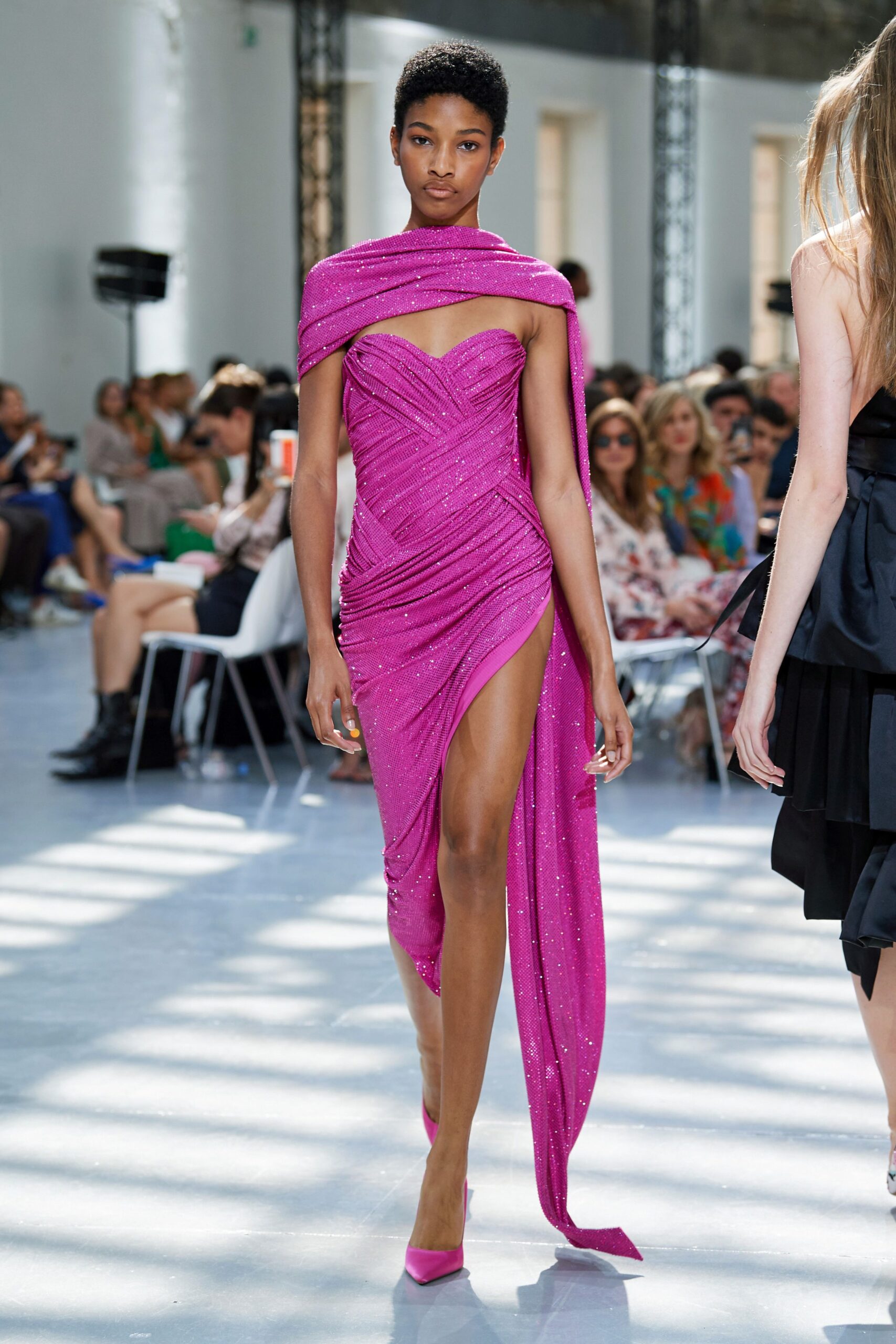 fitted pink silk midi dress