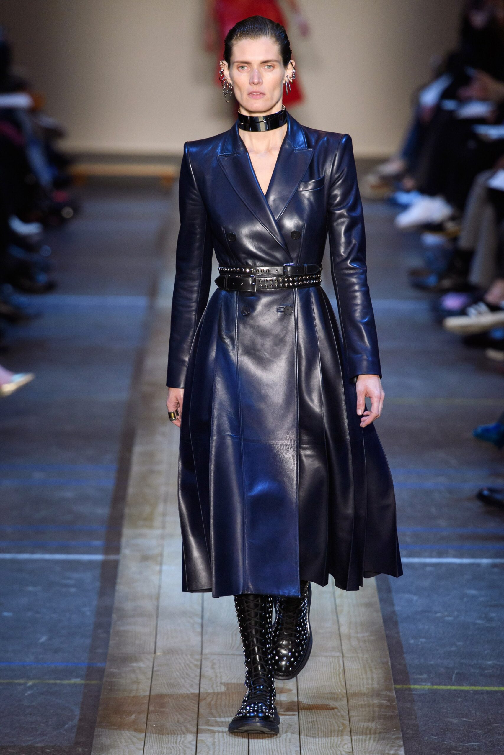 black leather midi dress with boots