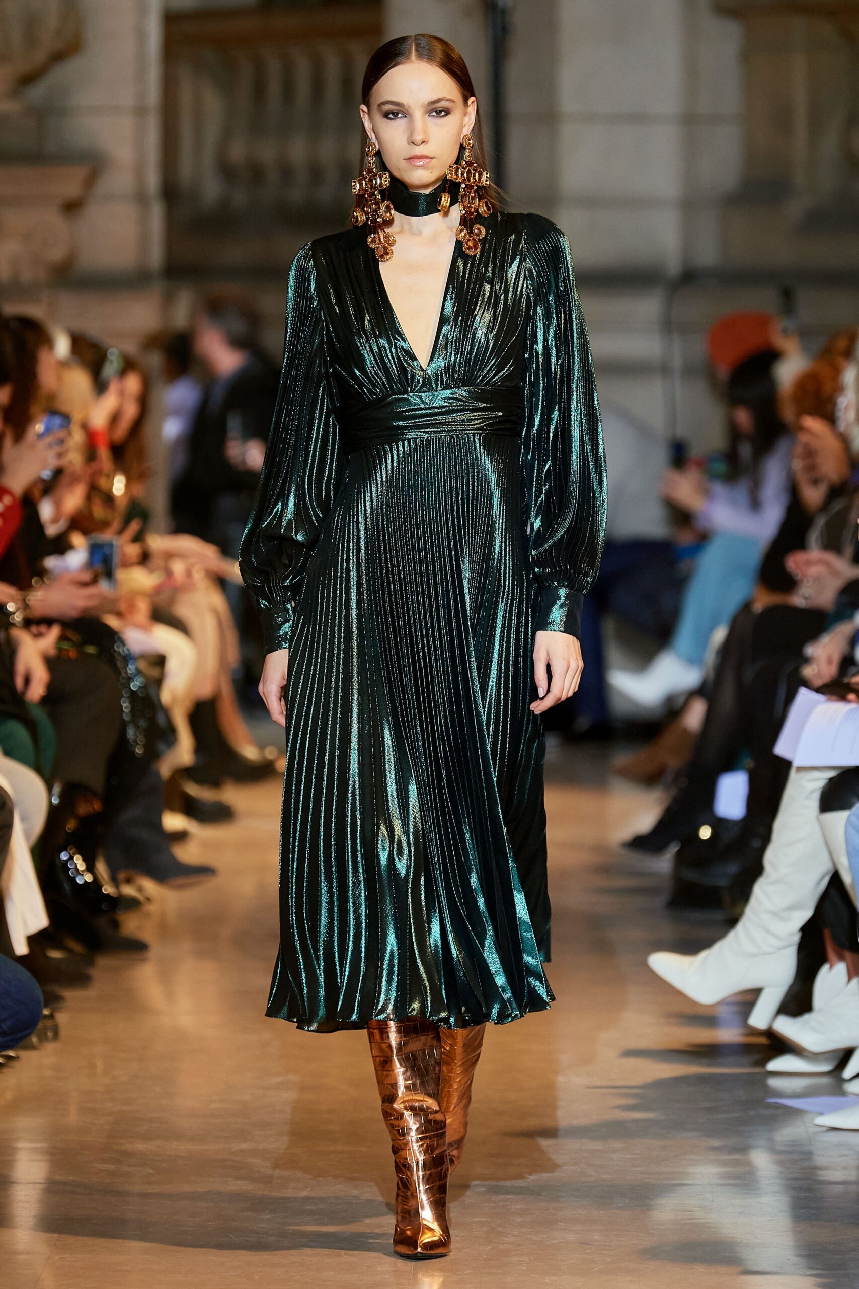 green pleated midi dress with brown boots