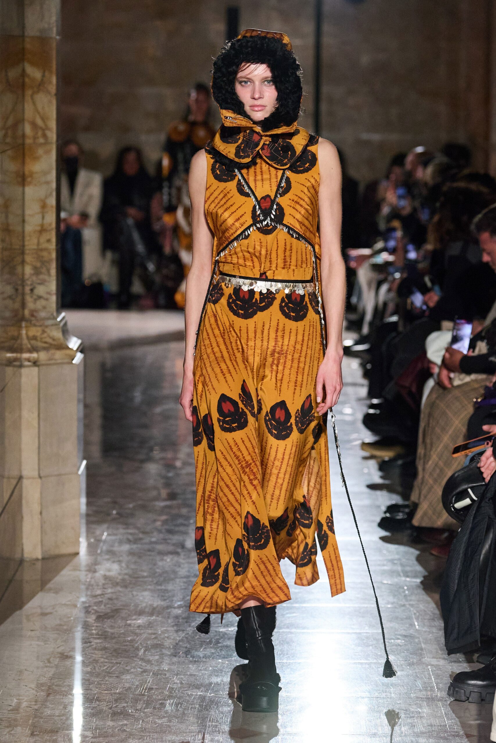 orange and black printed midi dress