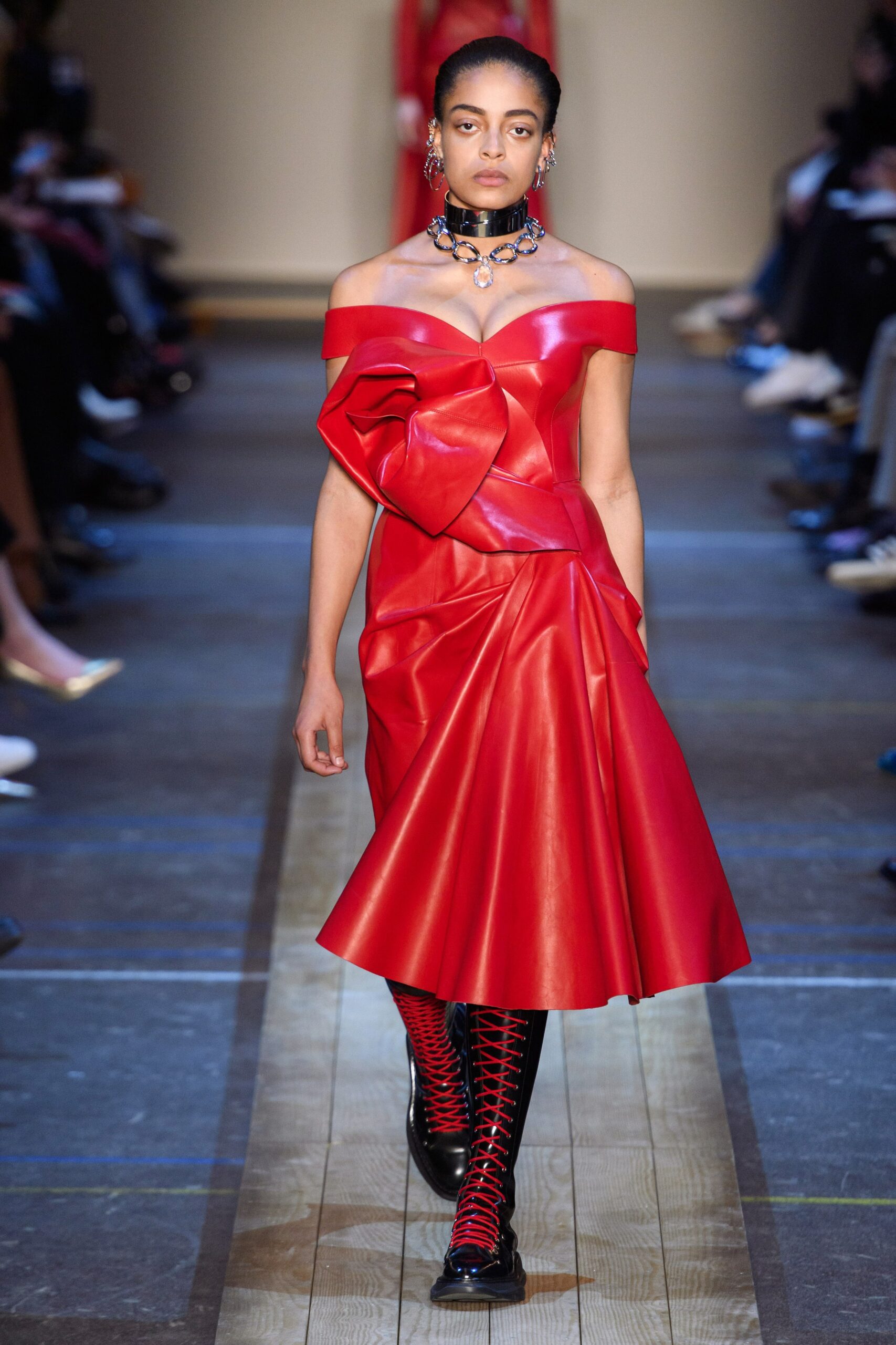 red leather off-shoulder fitted draped midi dress