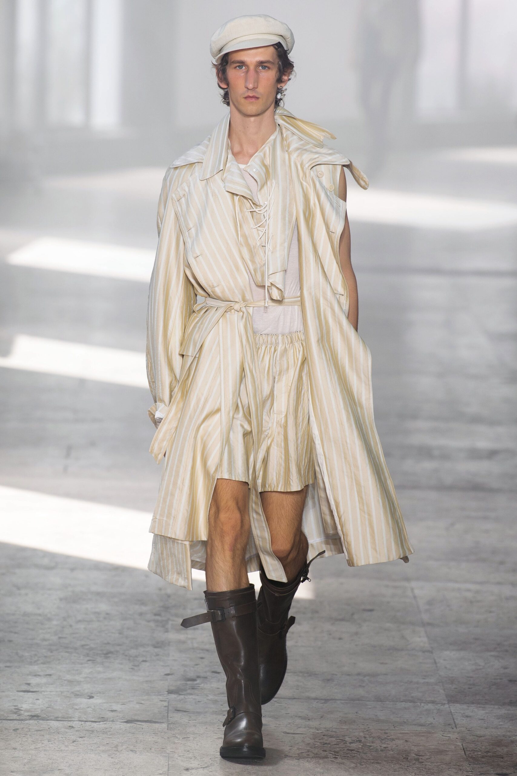 beige cotton long-sleeve collared relaxed striped belted coat