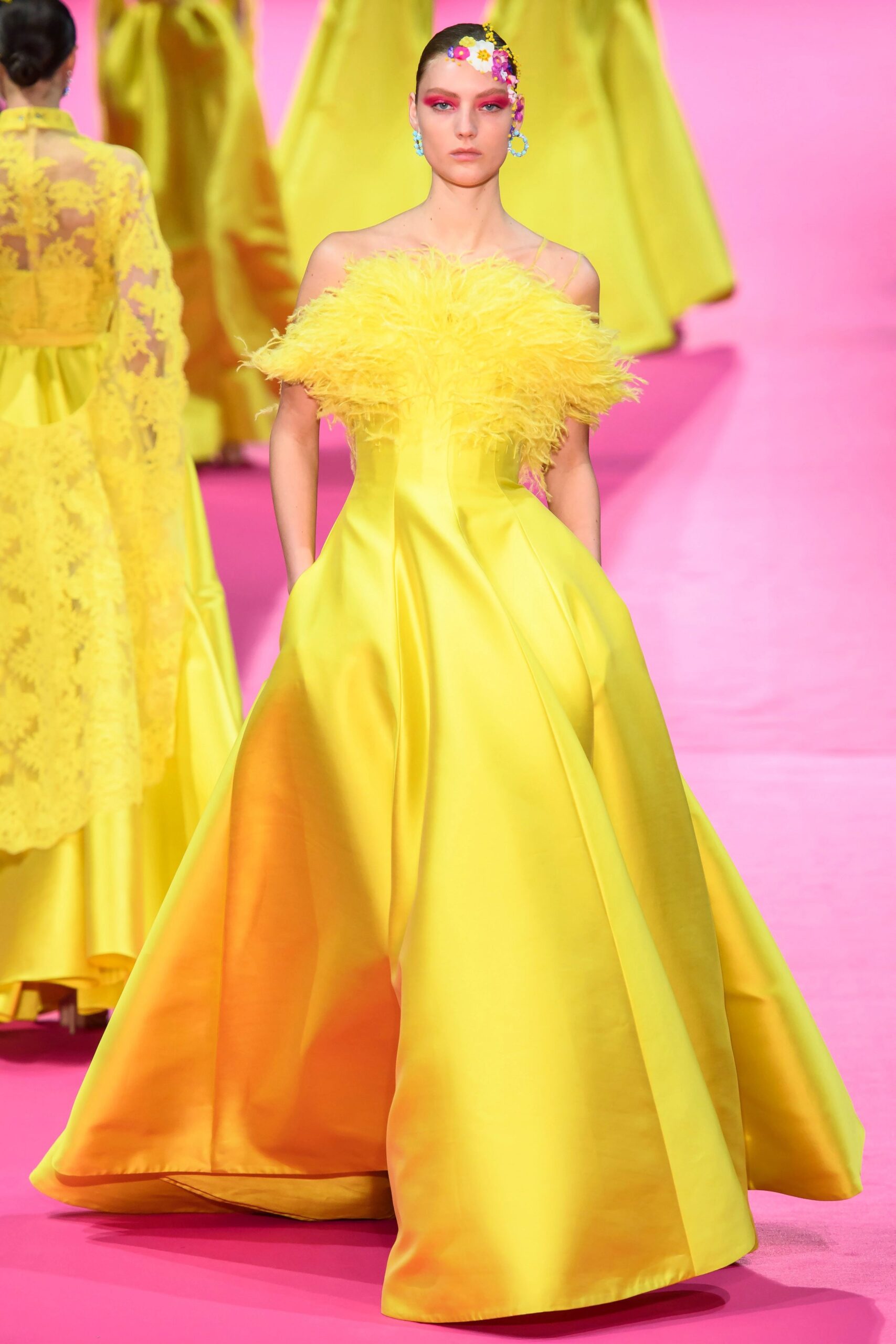 yellow silk off-shoulder gown