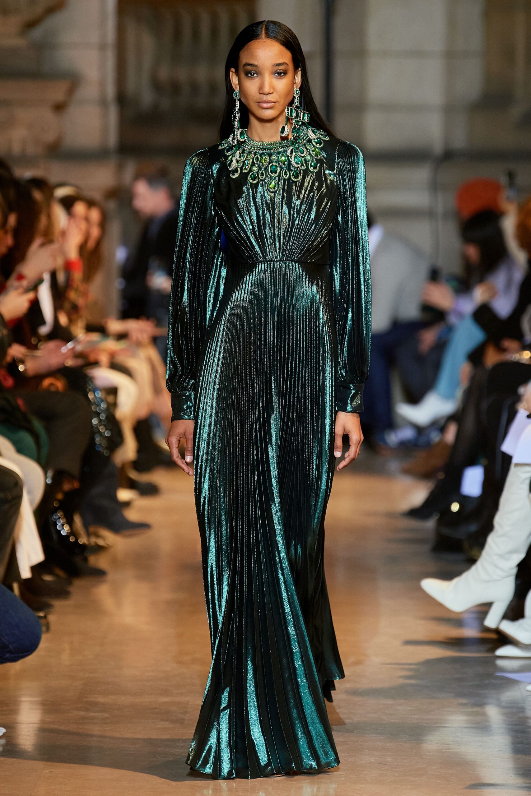 green velvet pleated gown