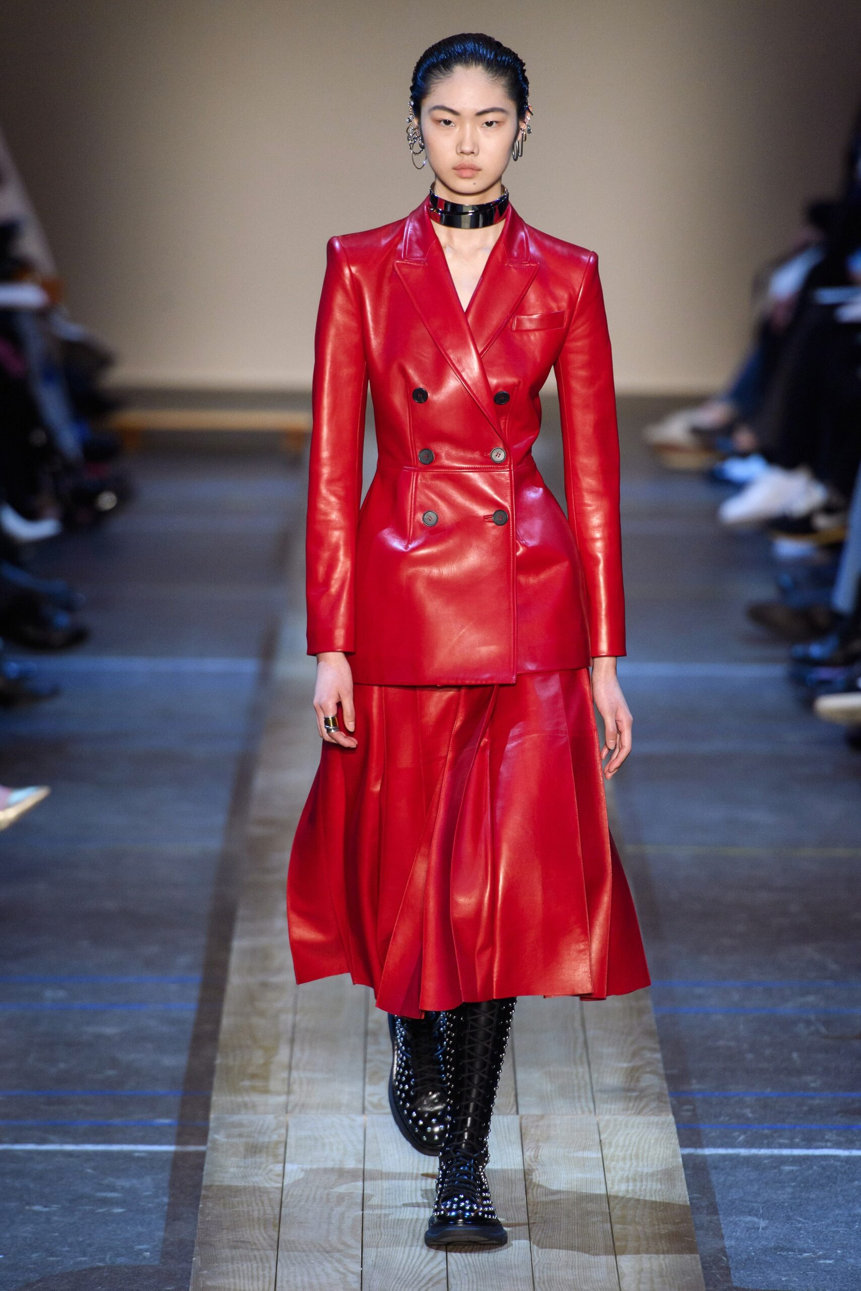 red leather fitted high-waisted flared midi skirt