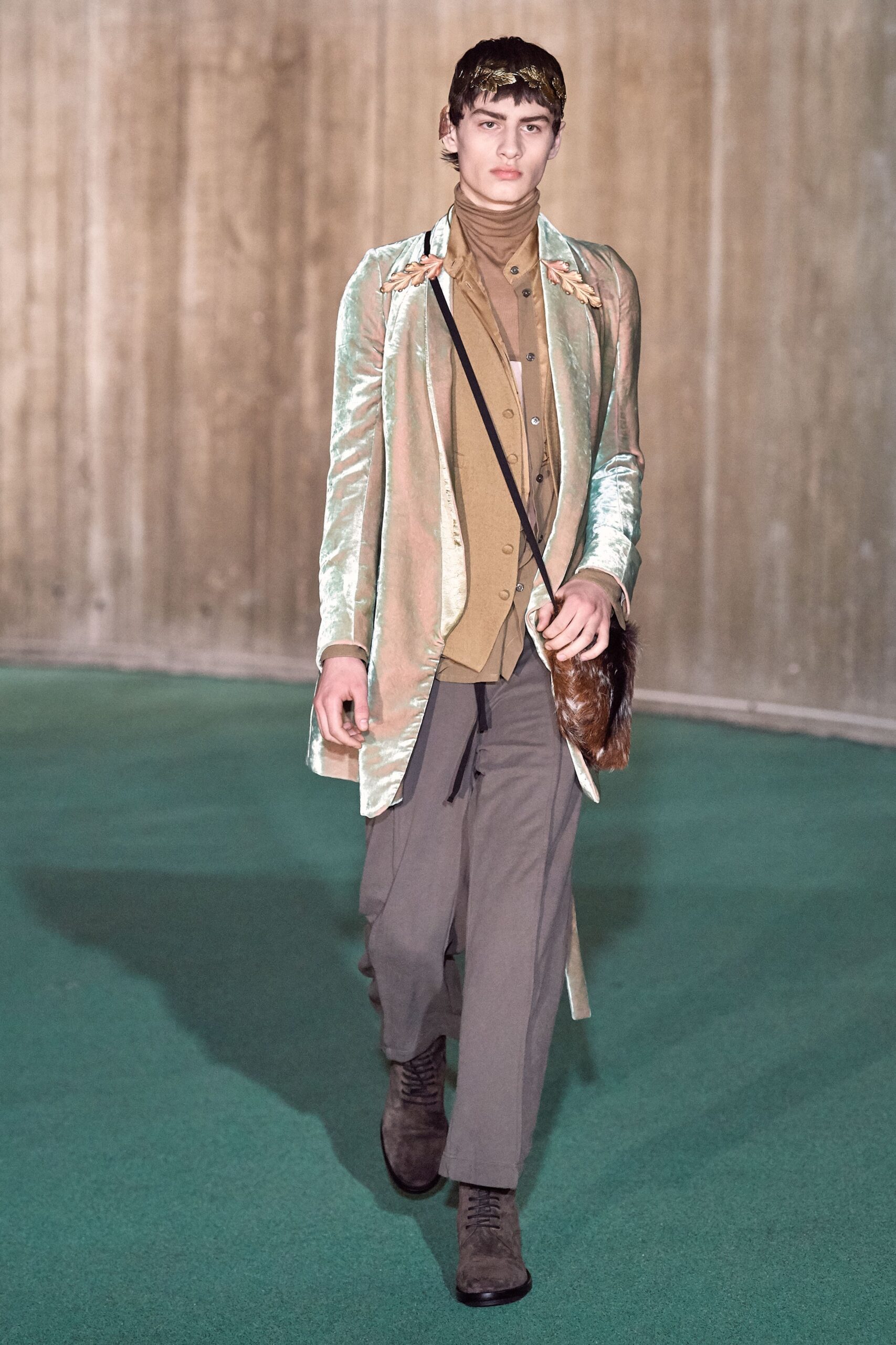 green velvet coat with brown shirt