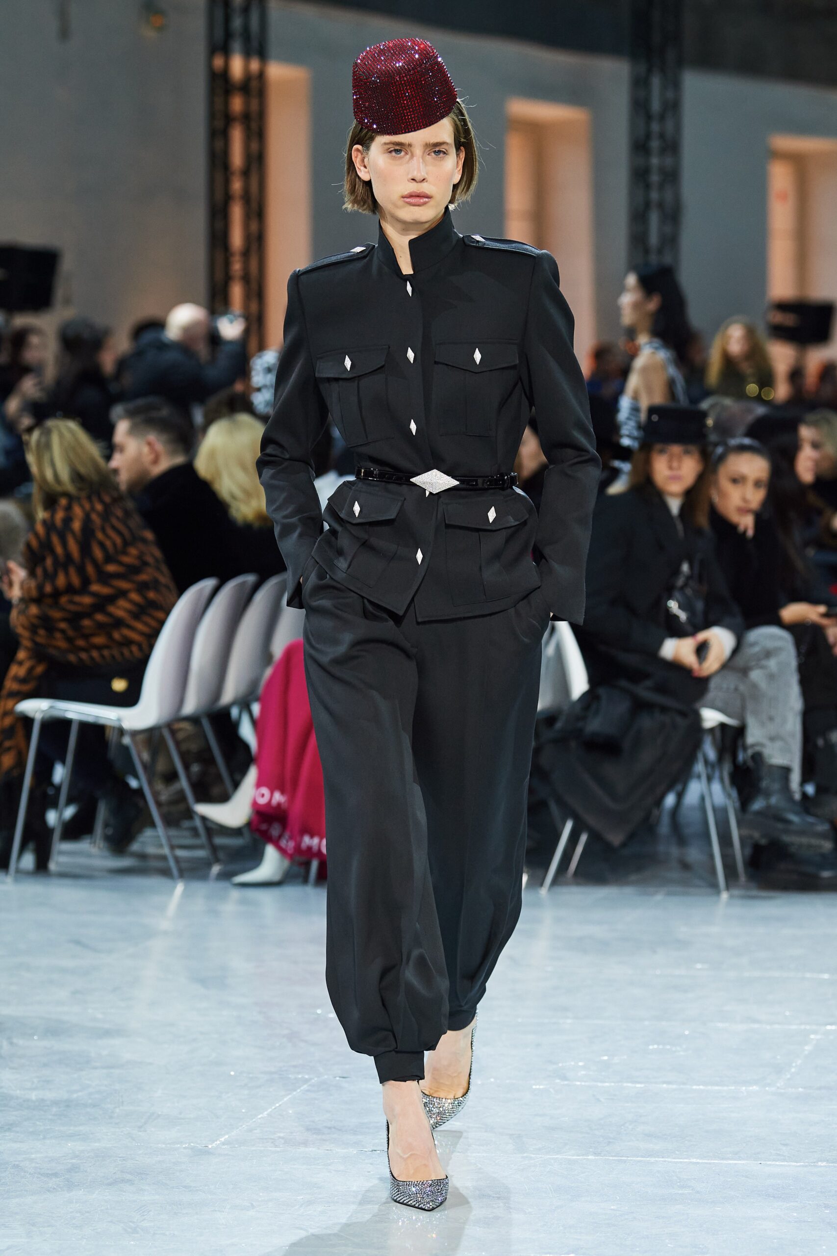 black fitted jacket with relaxed pants