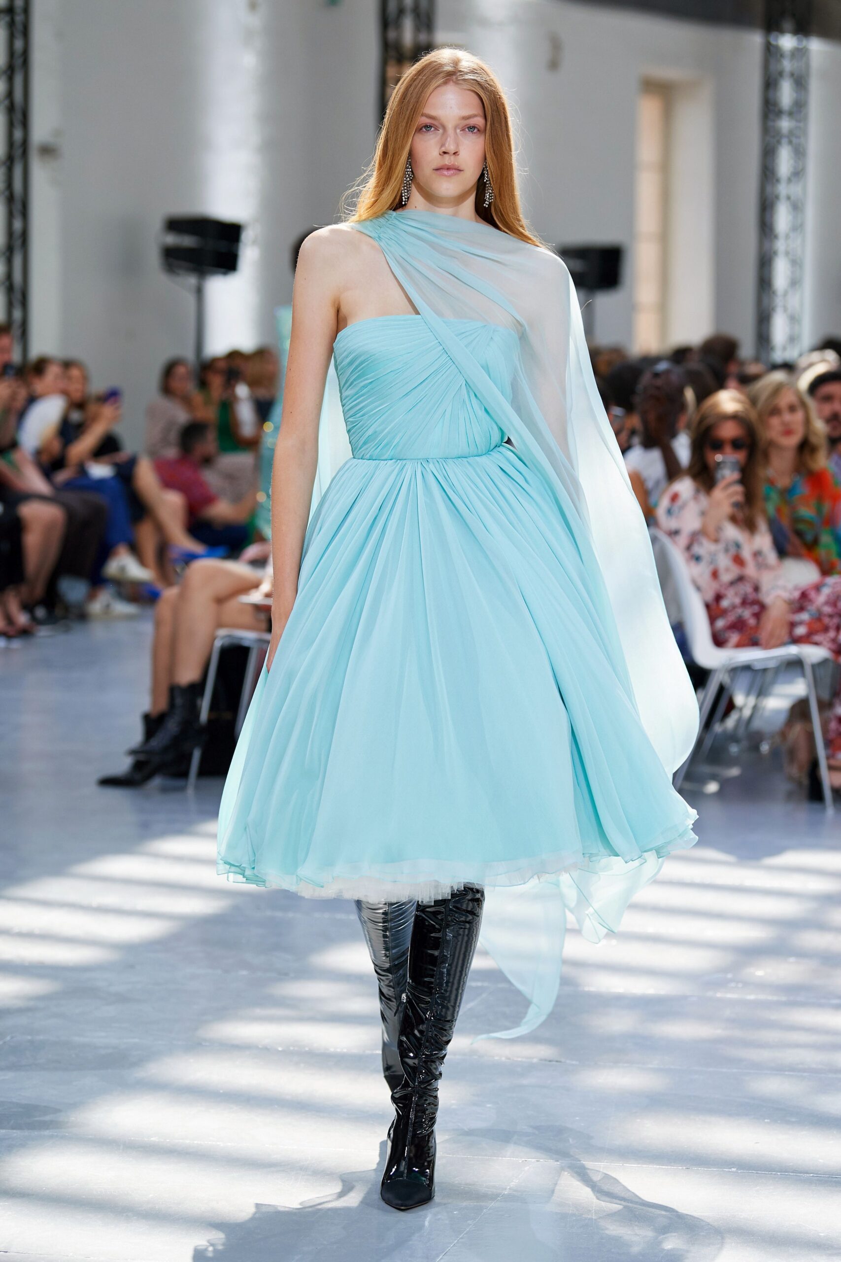blue chiffon sleeveless off-shoulder fitted draped a-line dress