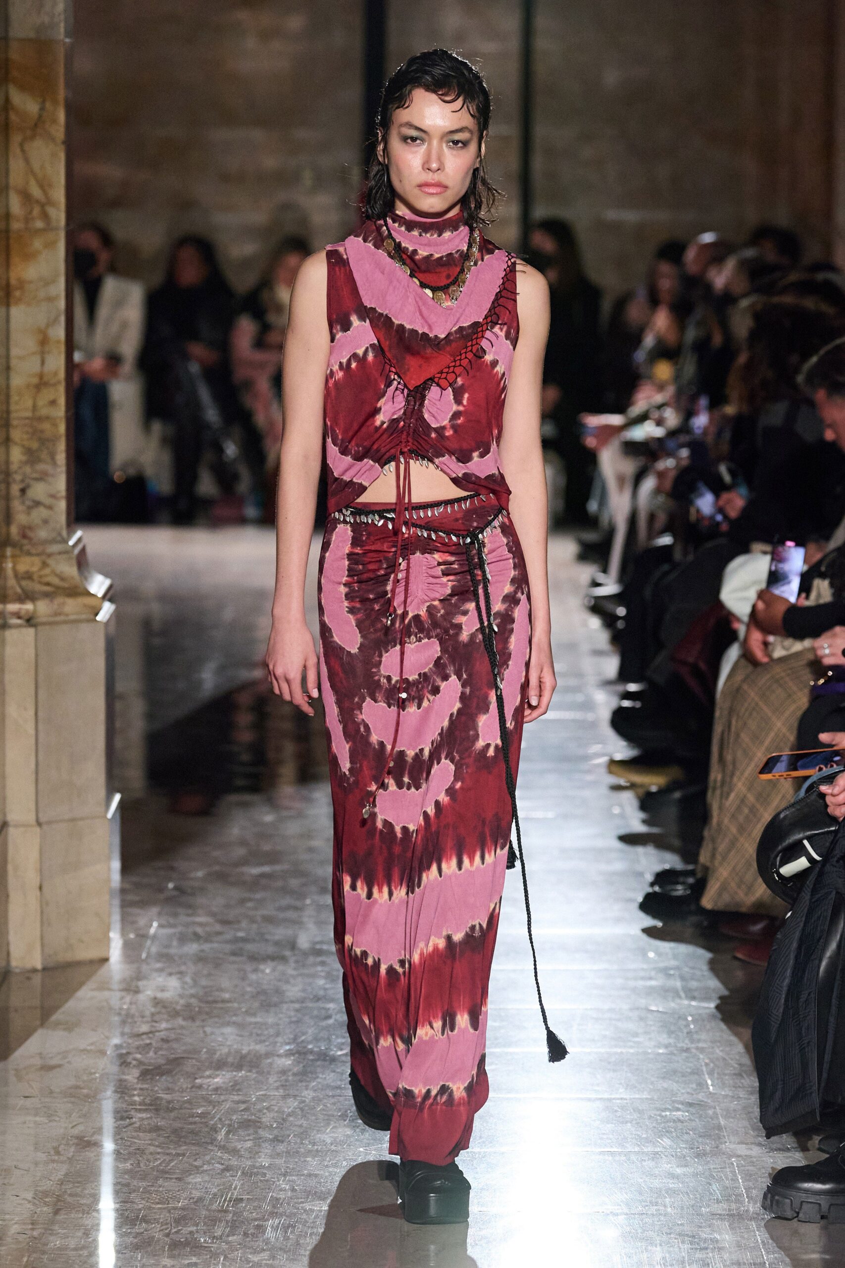 red and pink draped maxi dress