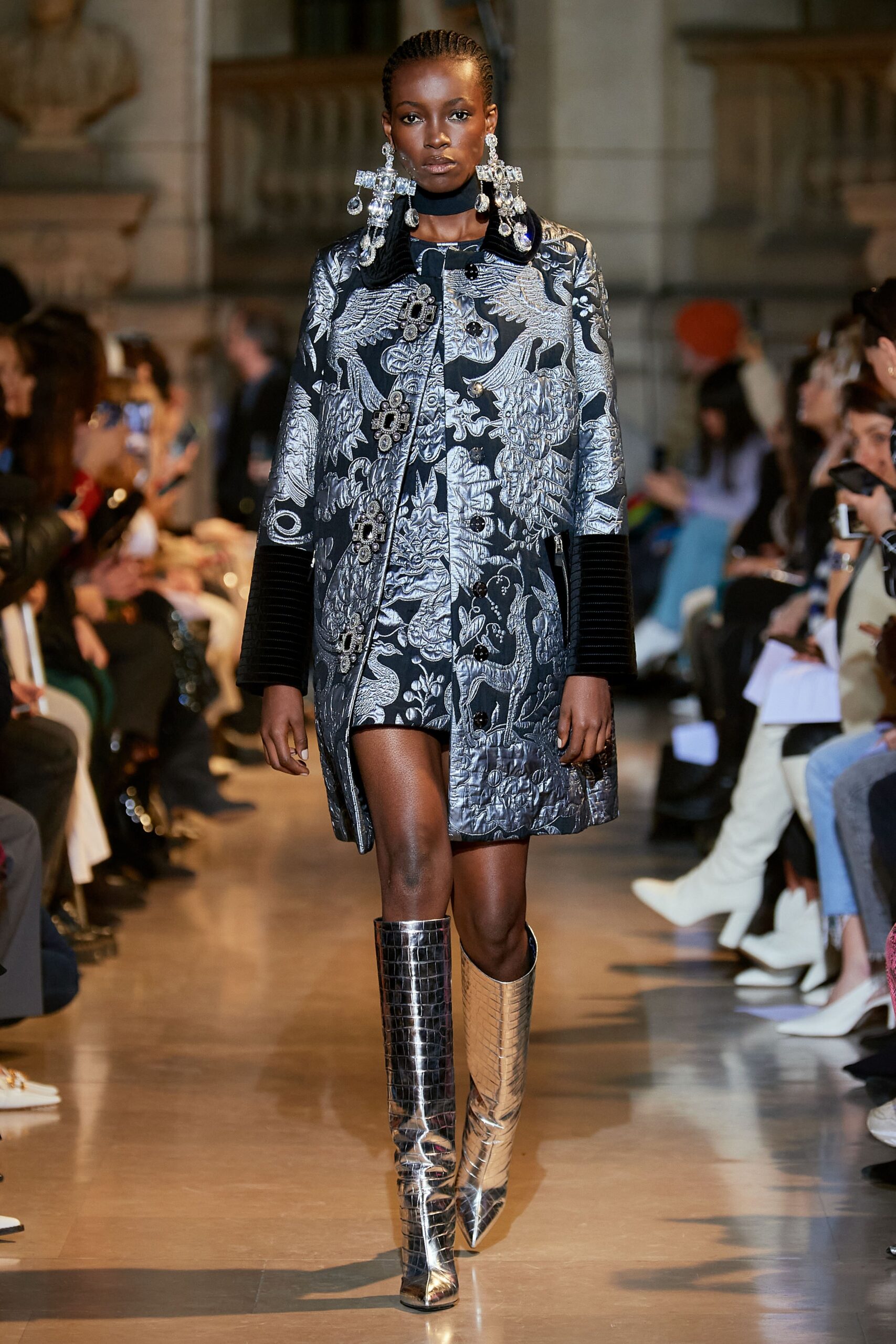 black embroidered coat and mini dress