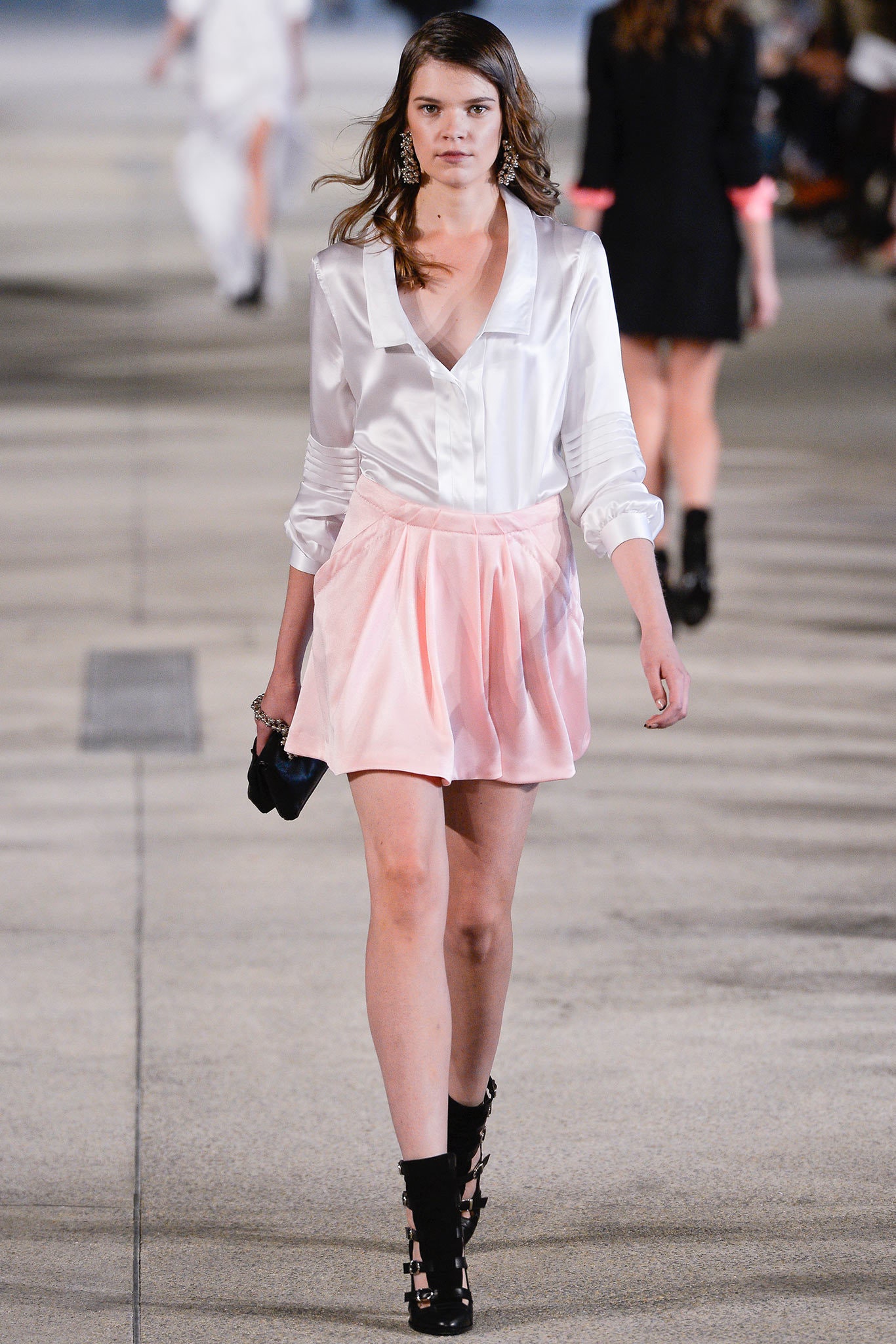 white silk shirt and pink skirt
