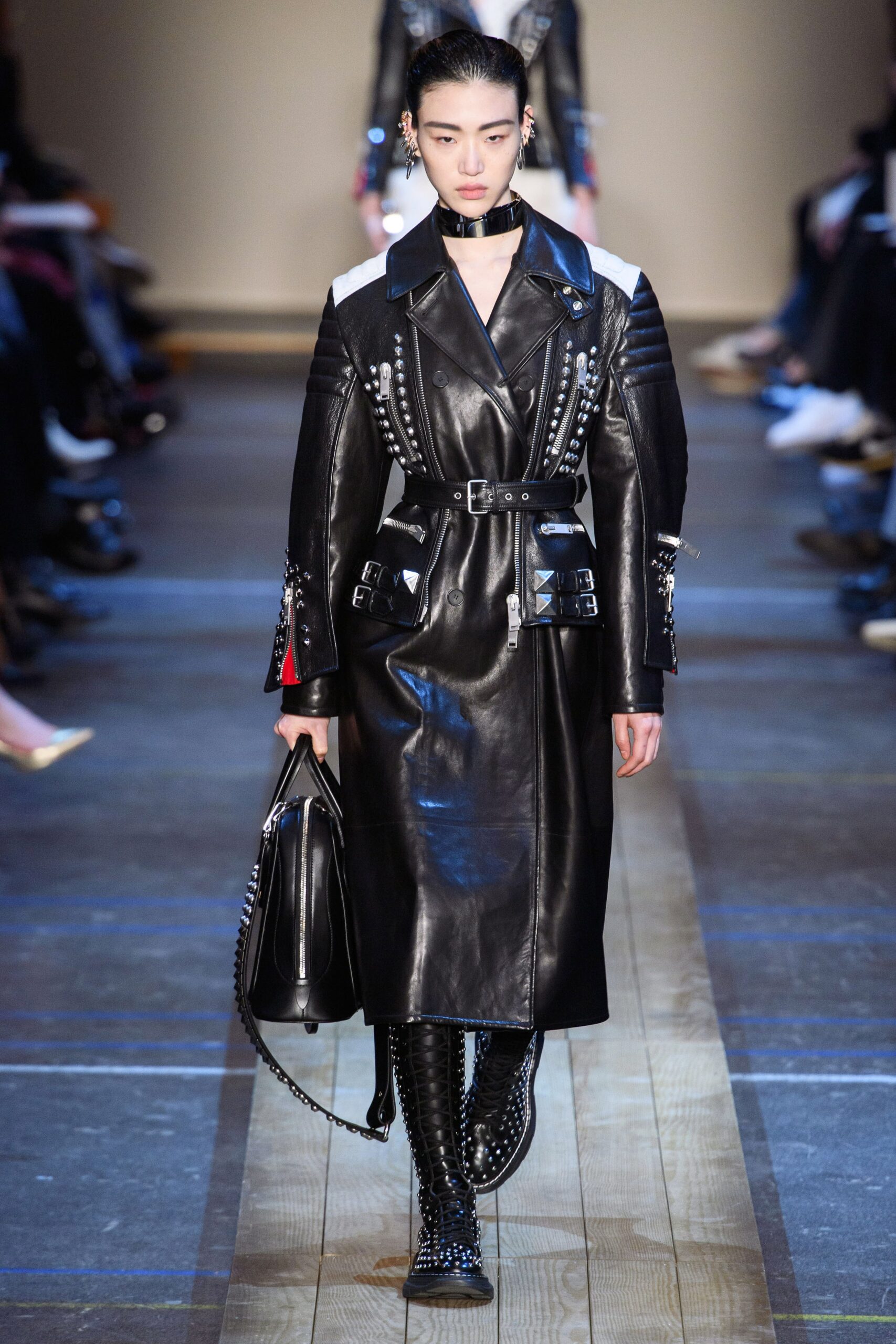 black leather fitted coat