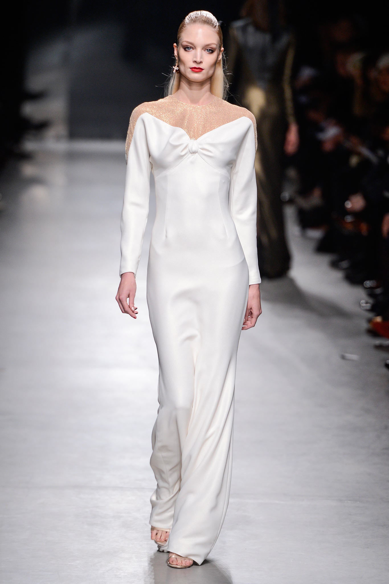 fitted white silk gown
