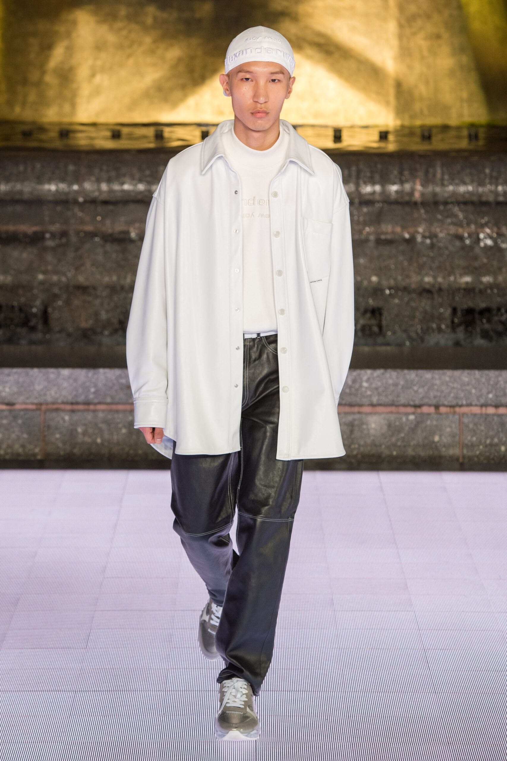 black leather fitted straight-leg pants