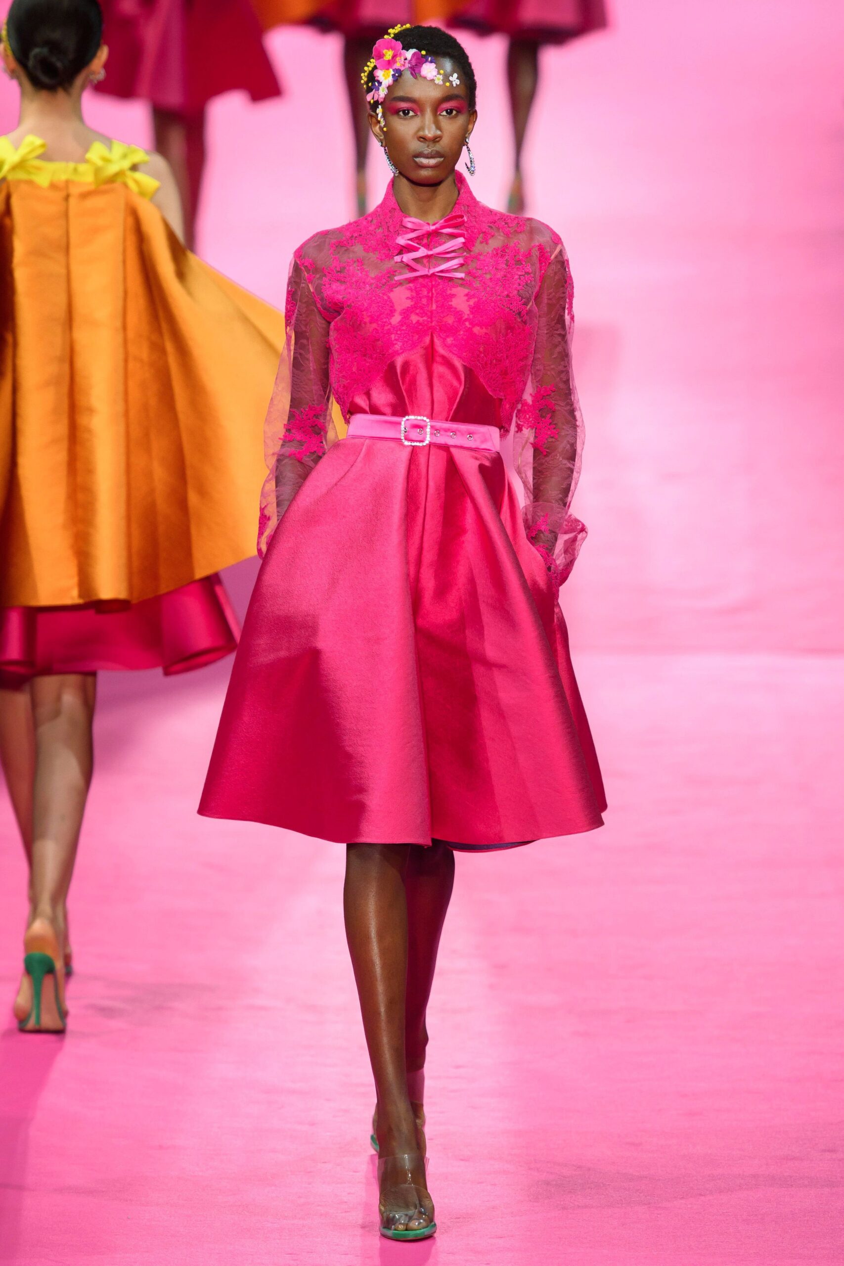 pink silk belted midi dress