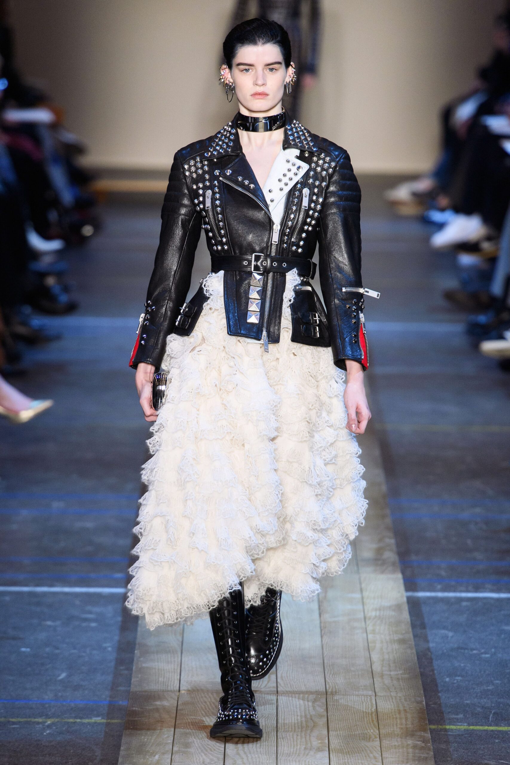 black leather jacket white ruffled dress