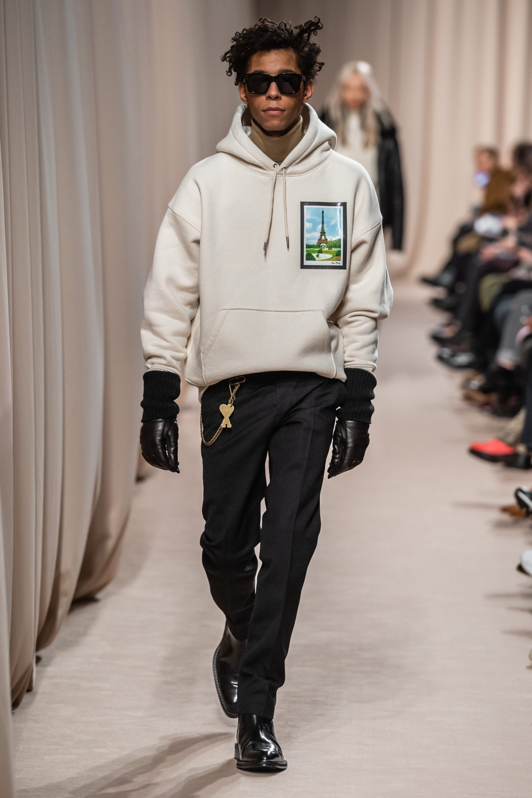 white relaxed hoodie with black pants