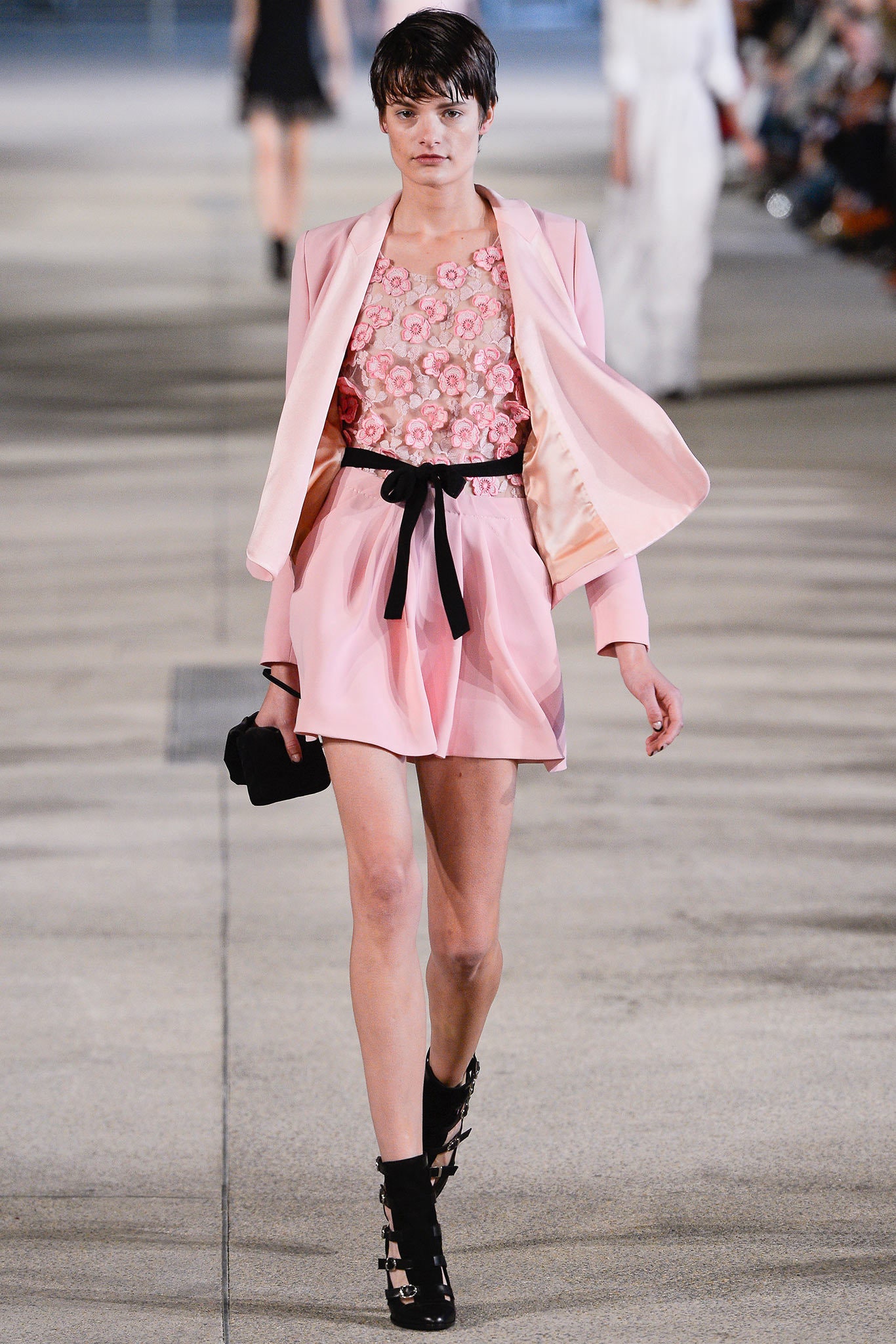 pink silk blazer and mini skirt