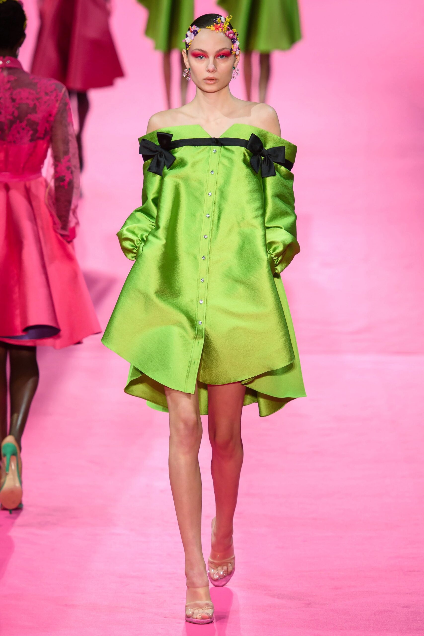 green off-shoulder mini dress