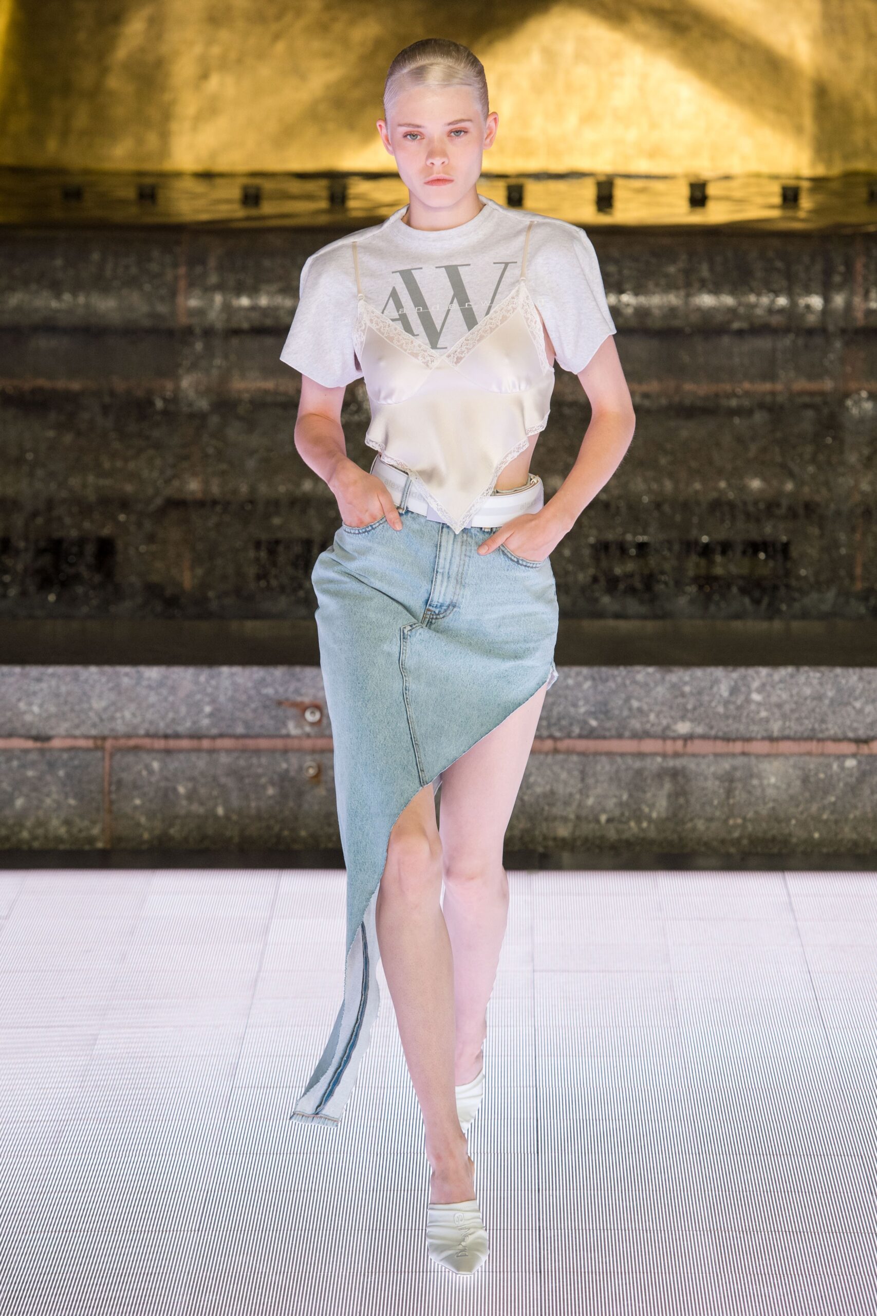 blue denim asymmetric fitted zippered midi skirt