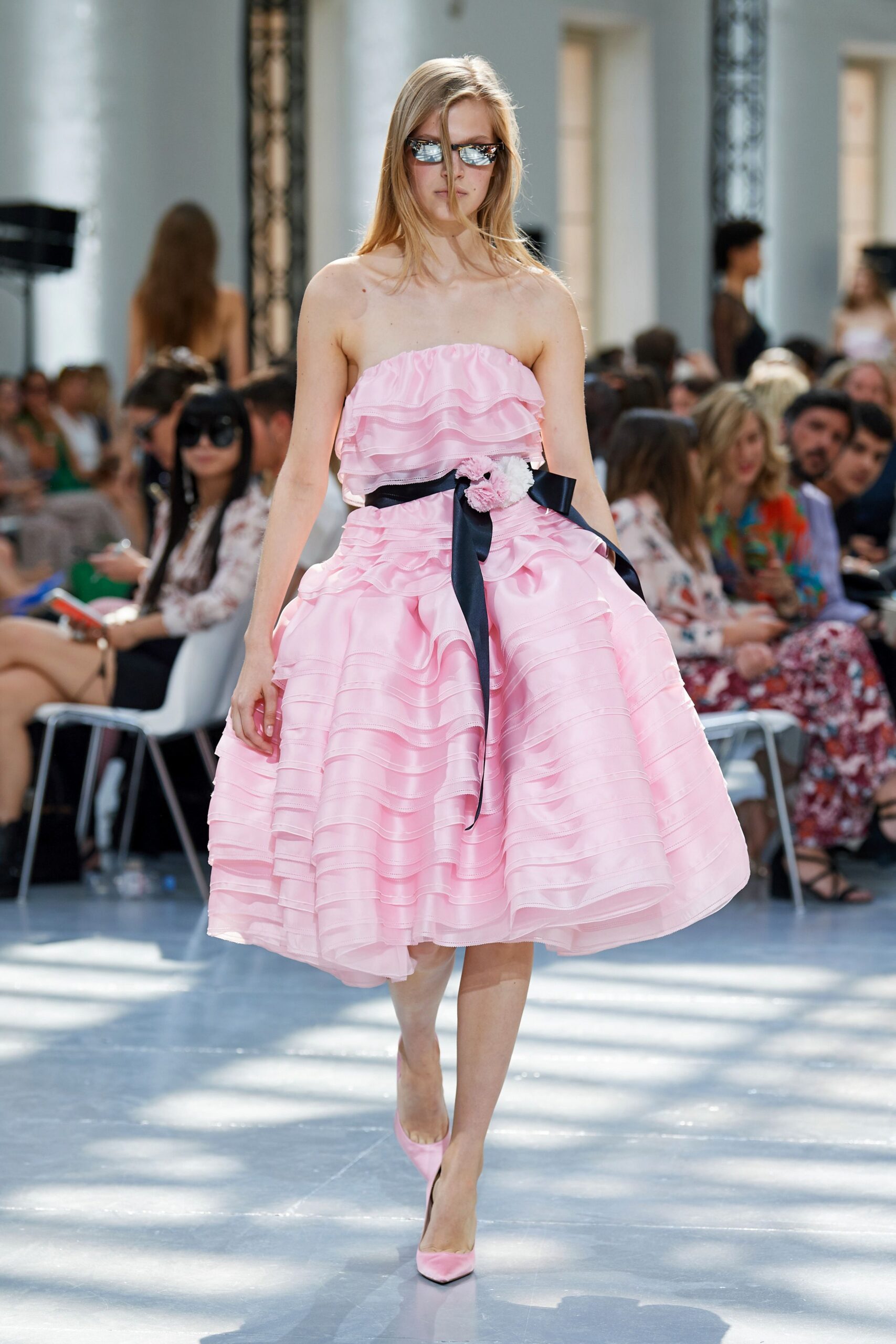 pink chiffon strapless fitted pleated tiered flowing dress