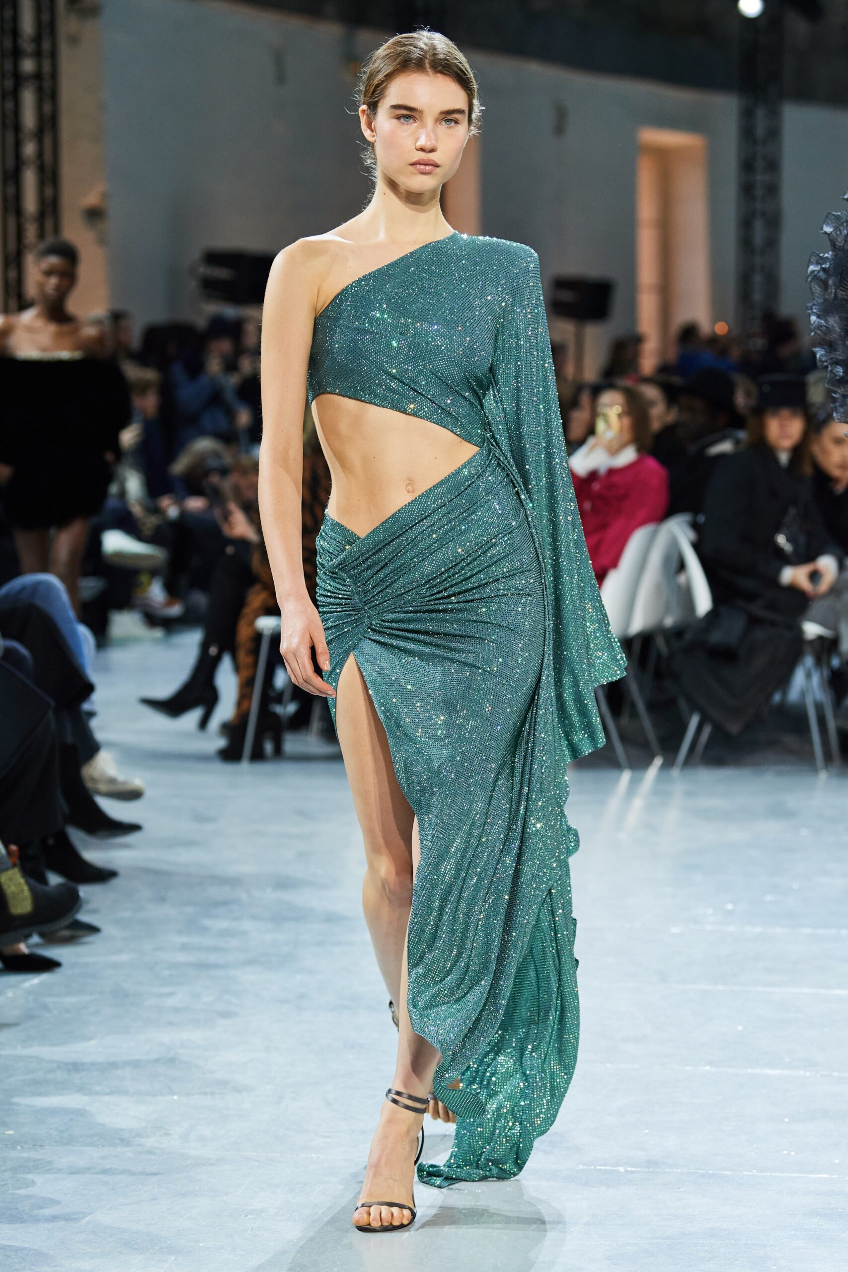 fitted green silk gown