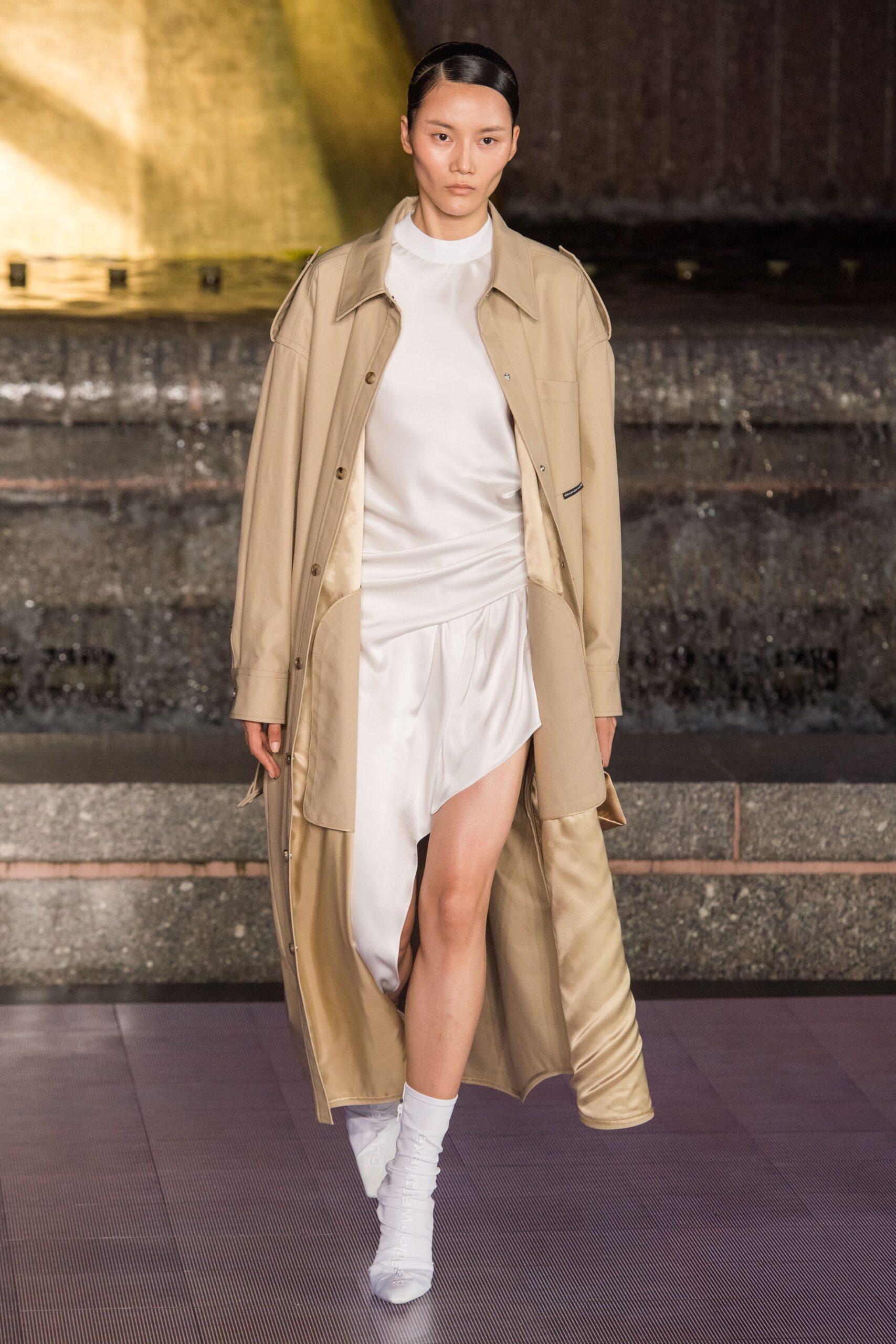 beige silk long-sleeve collared relaxed buttoned coat