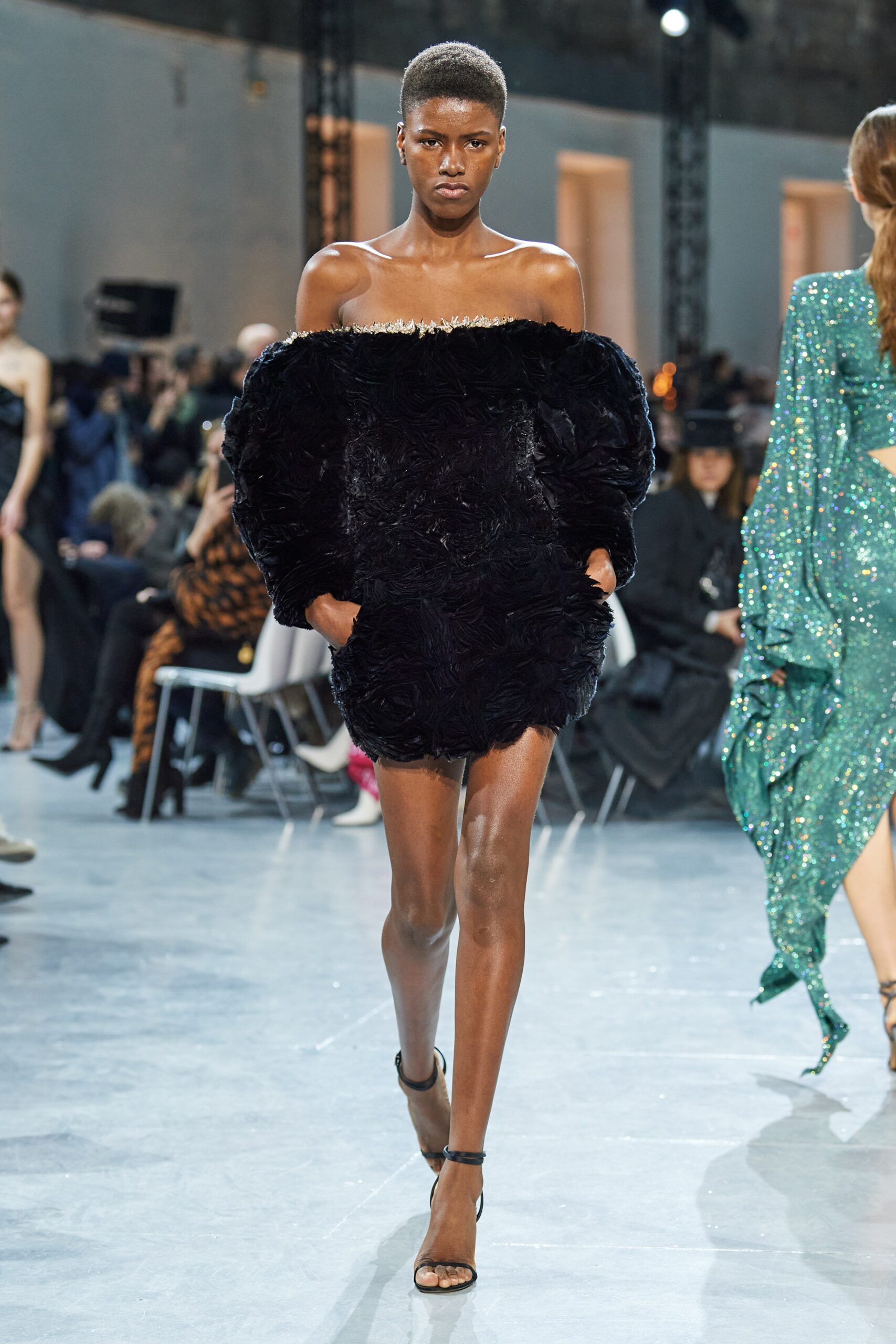 black fur off-shoulder mini dress