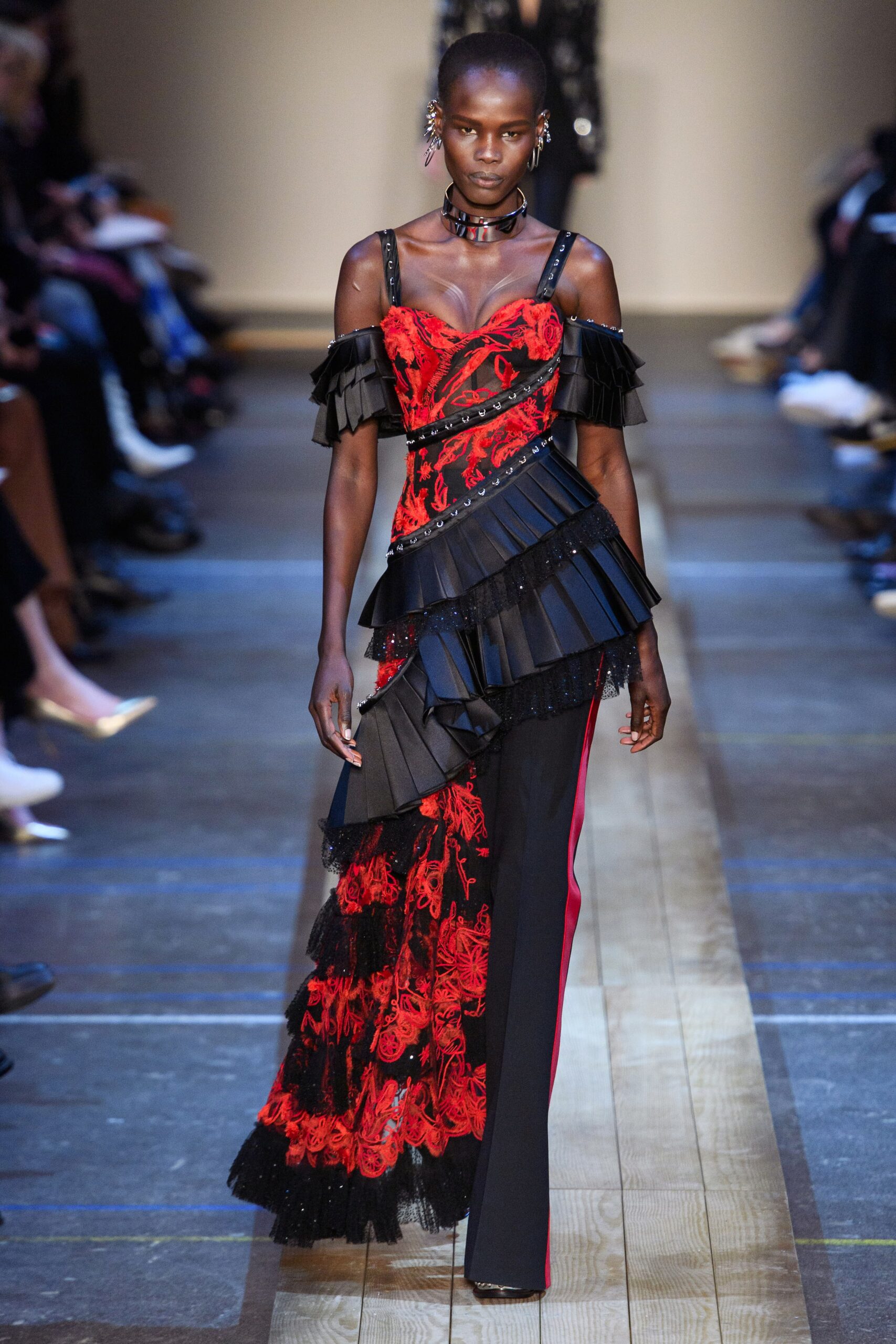 red and black ruffled midi dress