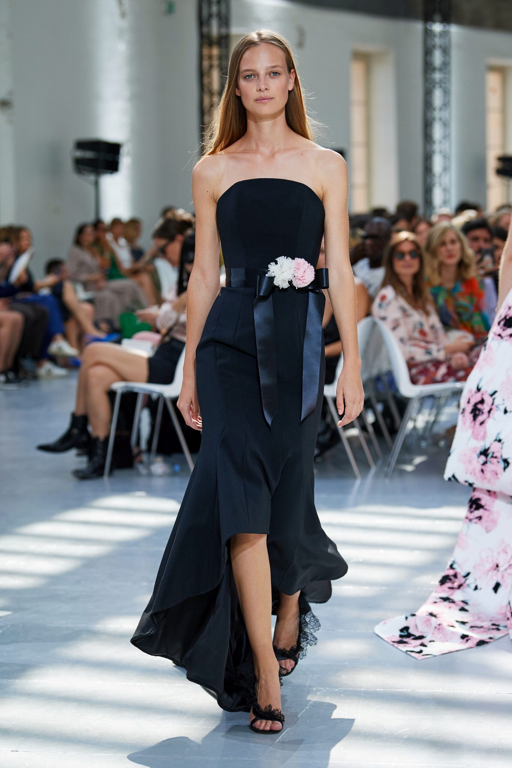 black silk strapless gown