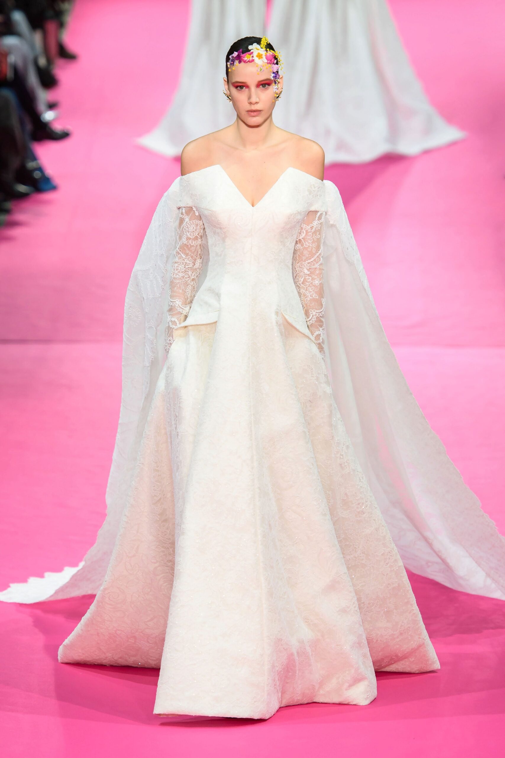 white silk off-shoulder gown