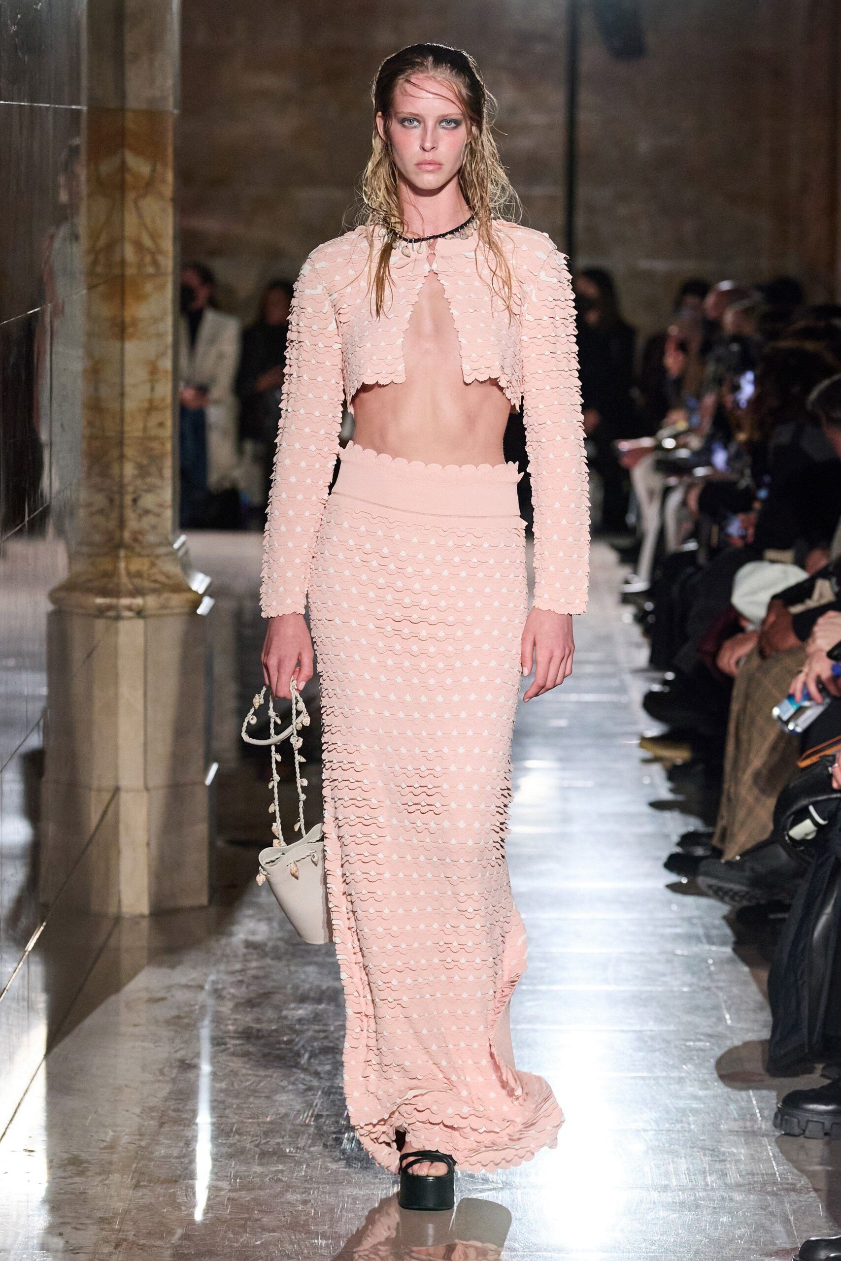 pink ruched maxi dress and cardigan