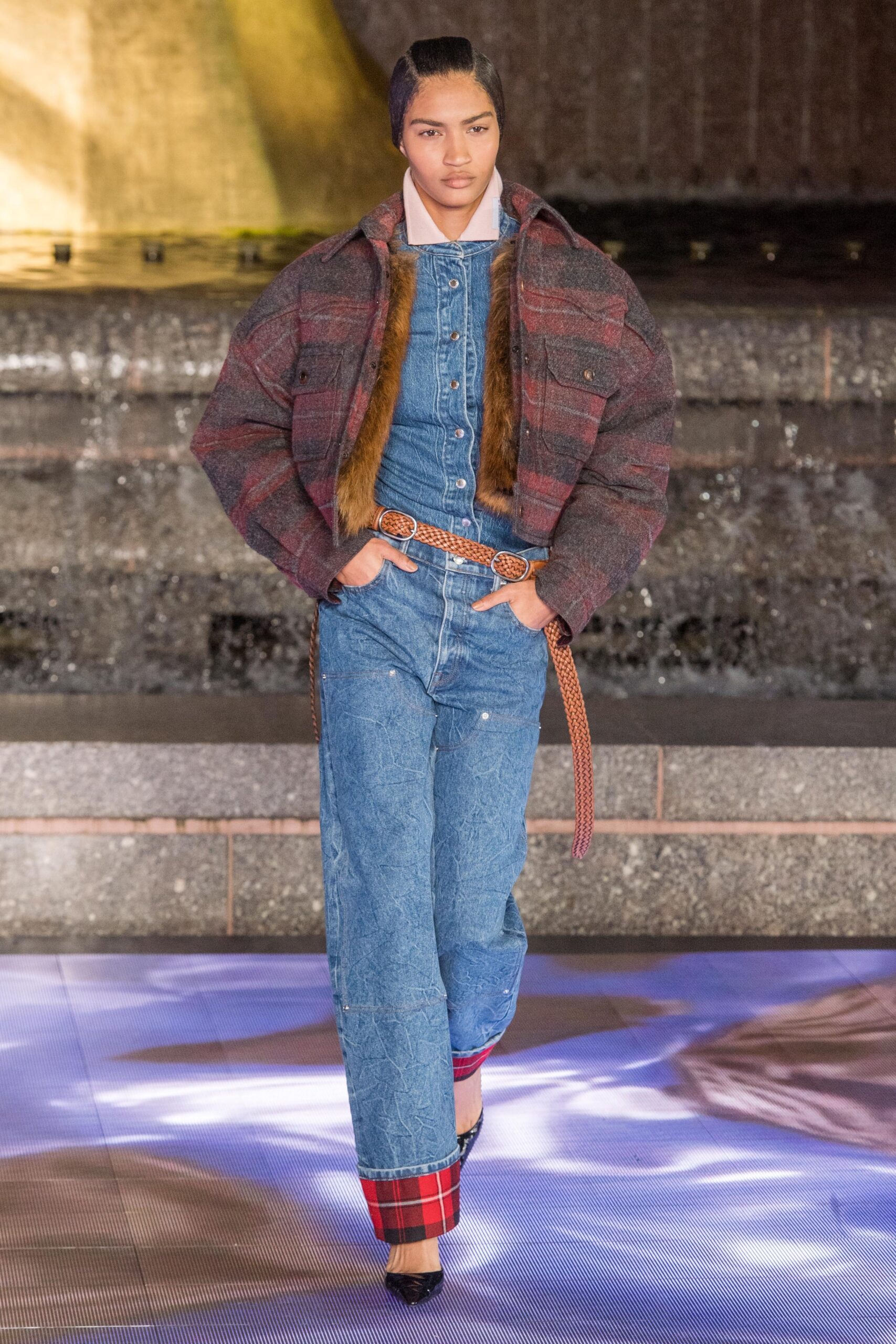 blue denim sleeveless collared fitted zippered pockets jumpsuit