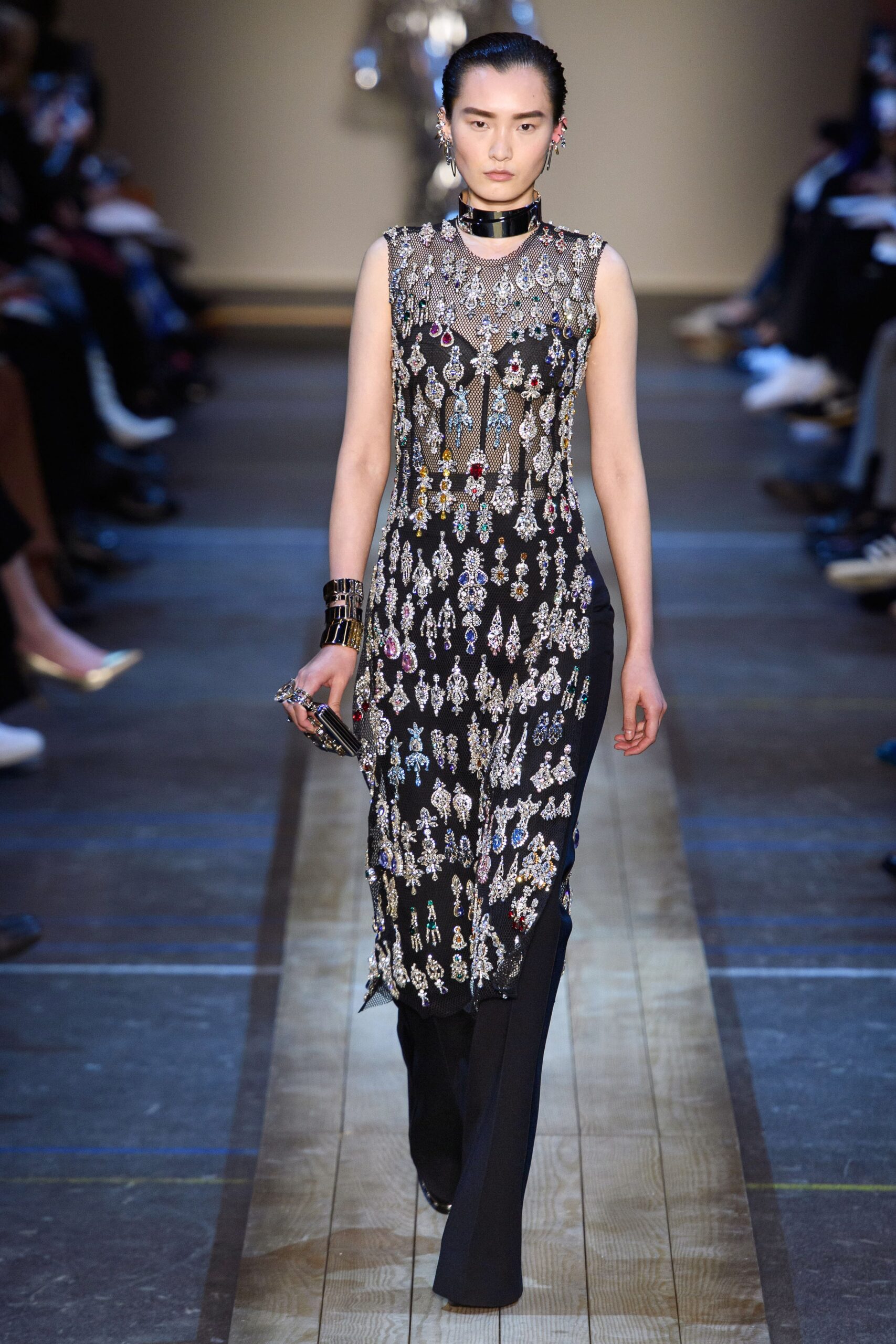 black embroidered midi dress with fitted pants