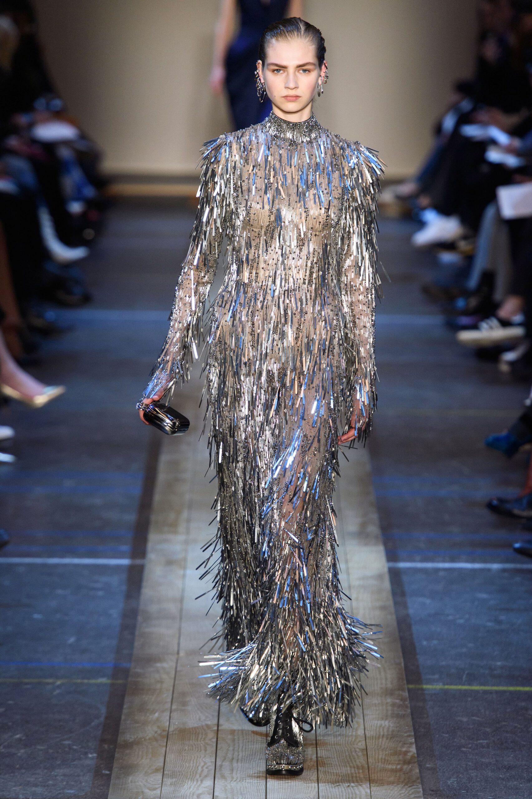 silver metallic fringed gown