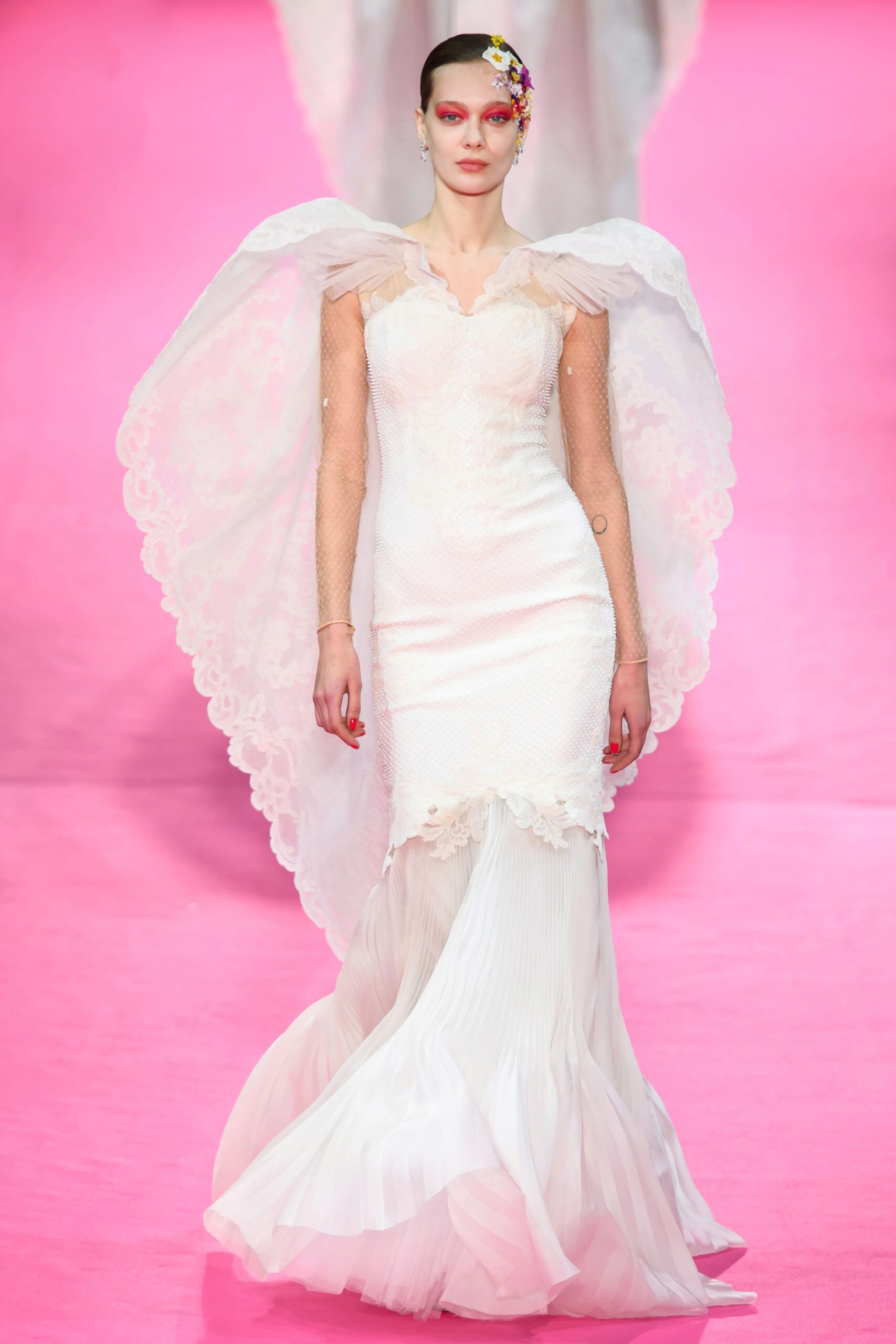 white lace gown with cape