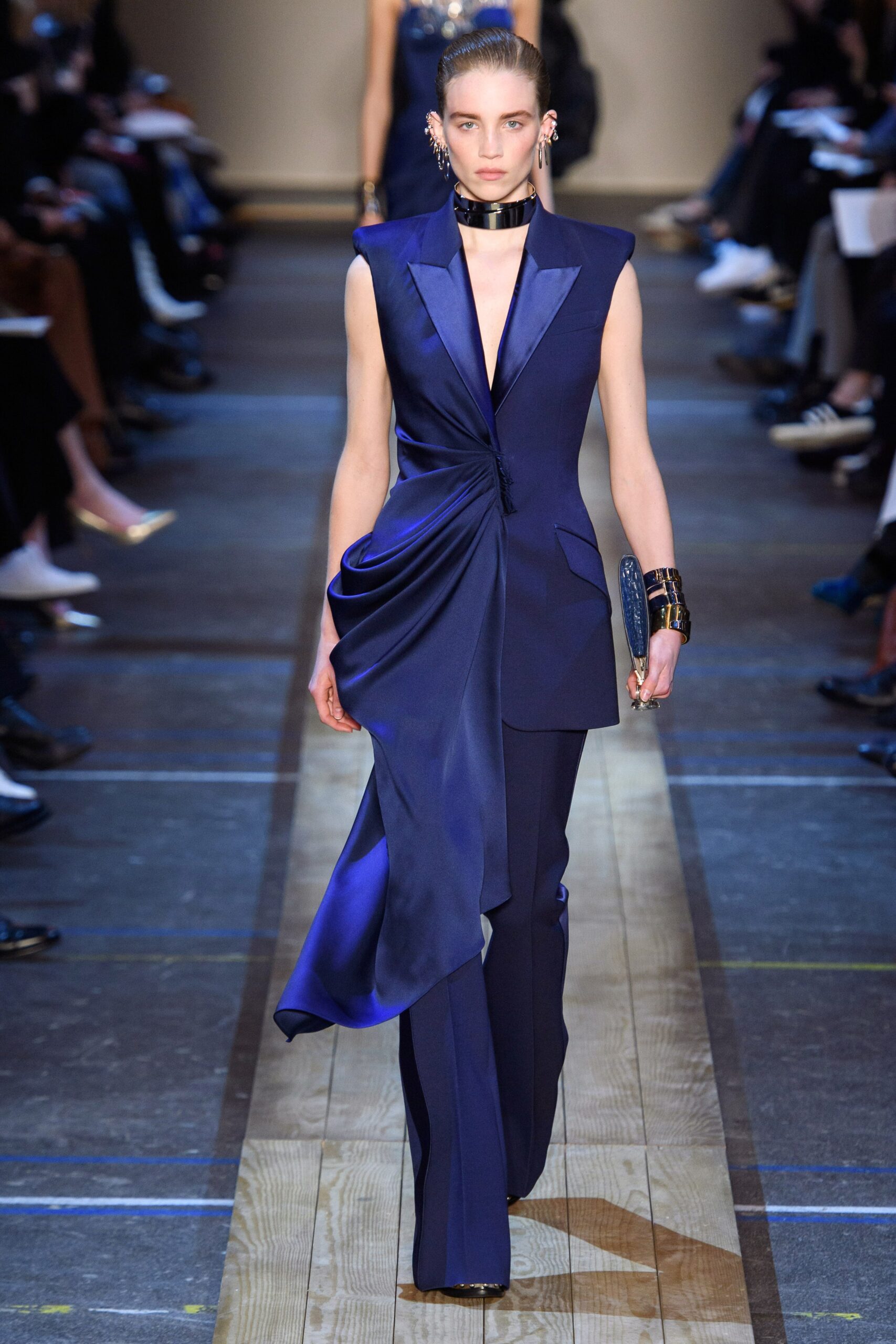 blue silk fitted blazer and pants