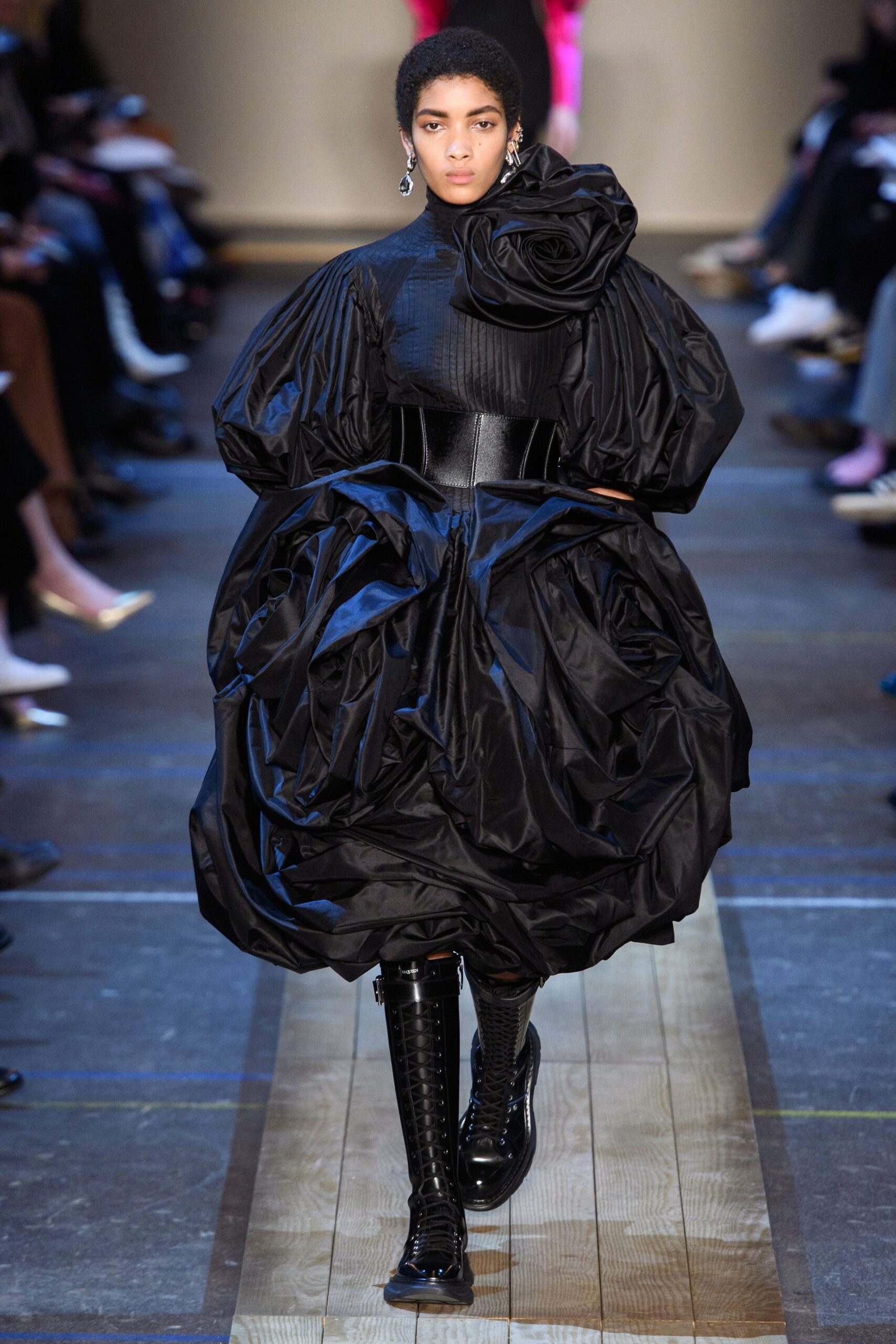 black silk pleated midi dress with boots