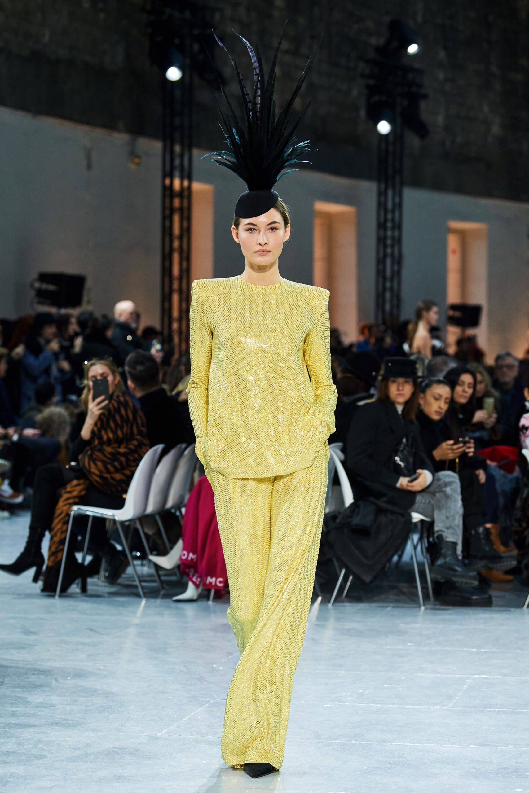 yellow silk long-sleeve high-neck fitted sequined shiny top