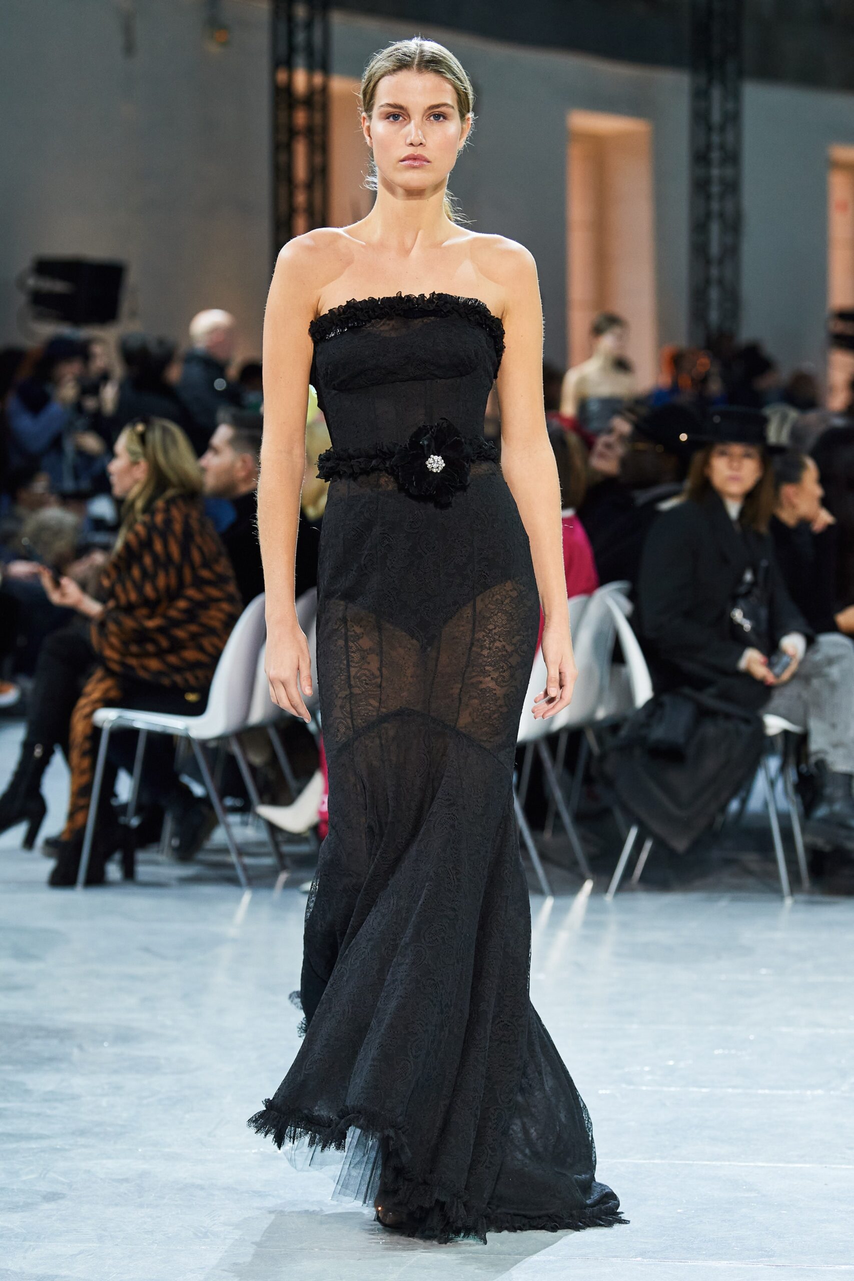 black lace strapless gown
