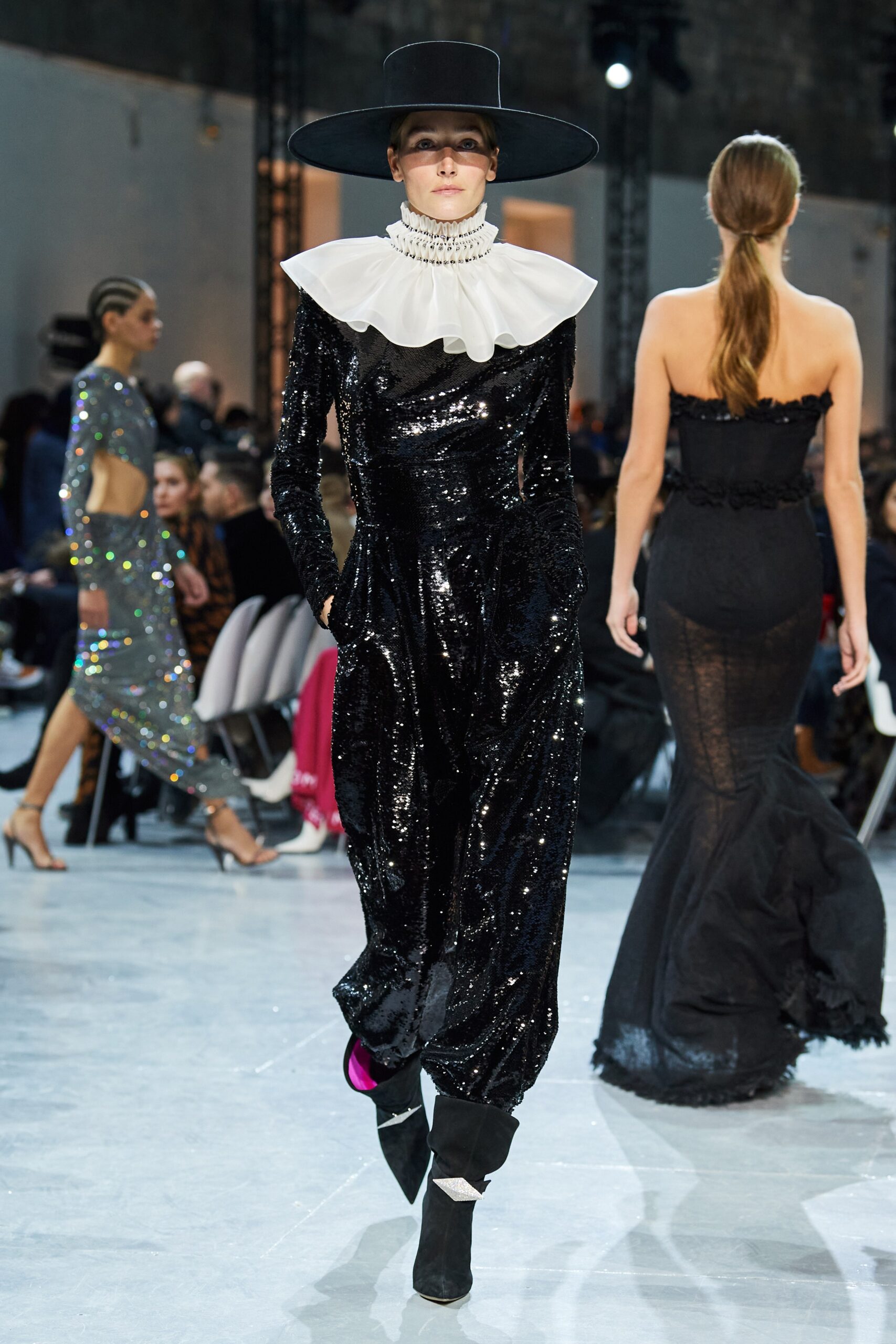black sequin gown with hat
