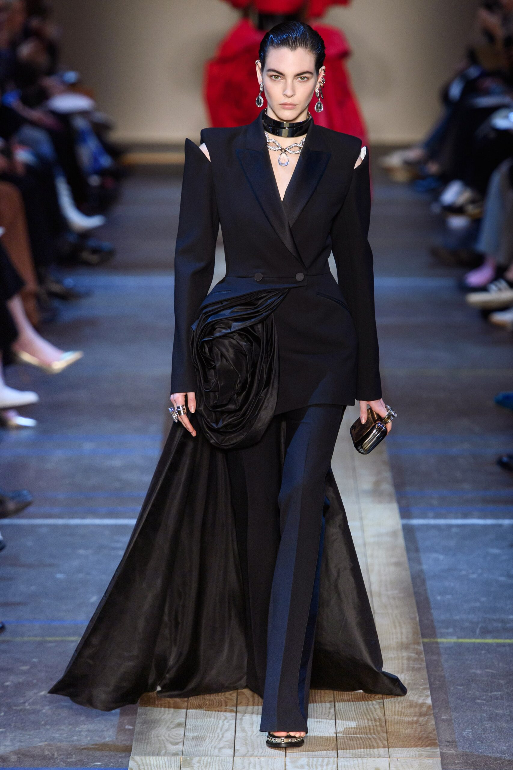 black fitted silk suit