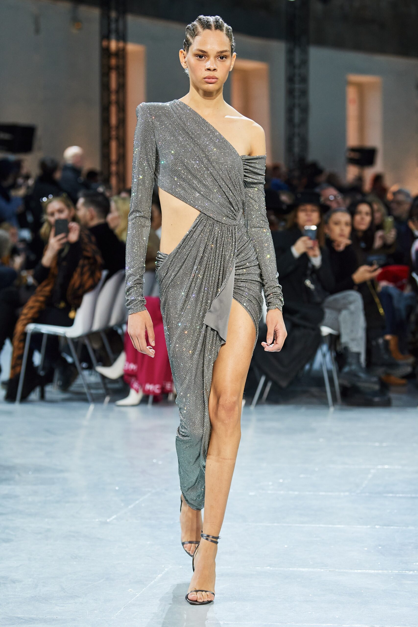 fitted gray silk dress
