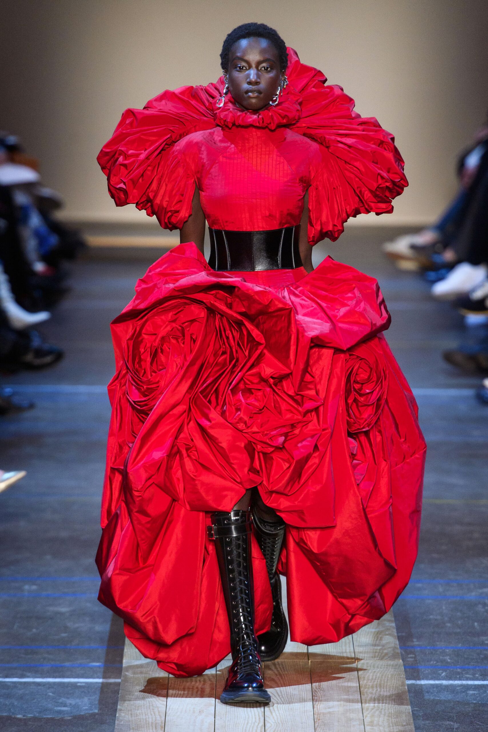 red silk ruffled gown