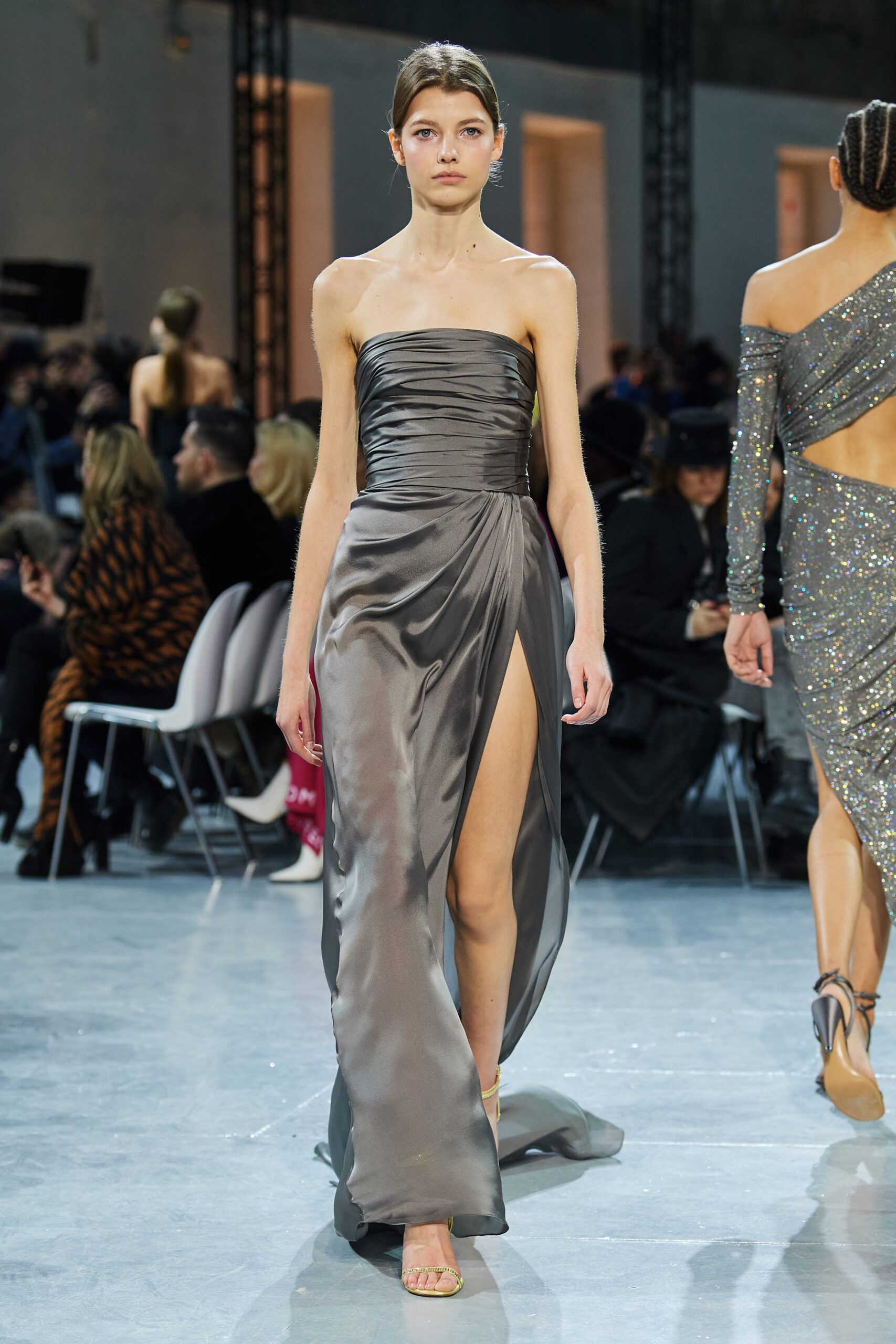 gray silk strapless gown